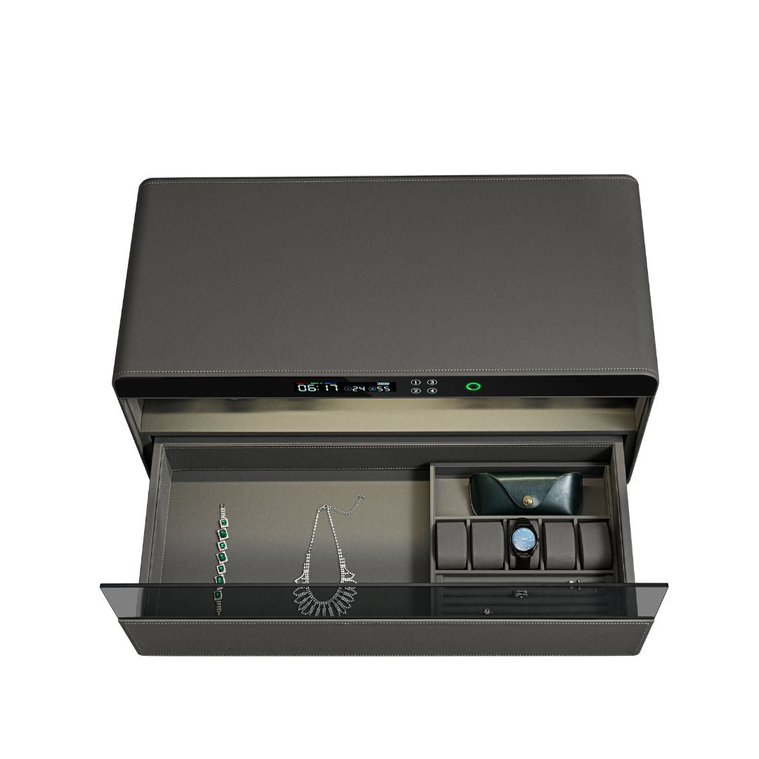 BEACON fingerprint safe box with built-in watch winder for six watches, model CH9-ST053-T6-760, showing the safe's interior and watch slots.