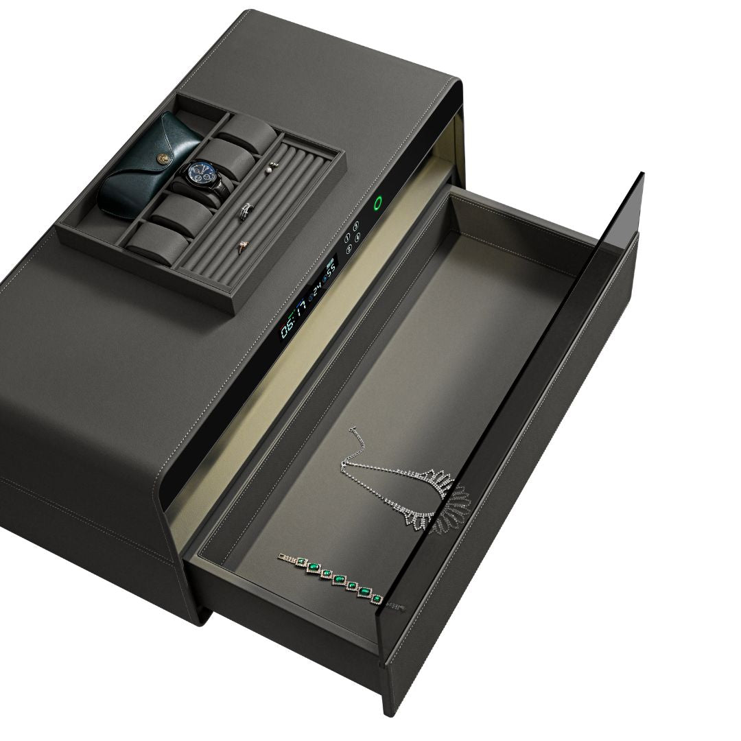 Beacon fingerprint safe box with watch winder holding six watches, secure storage for jewelry and valuables.