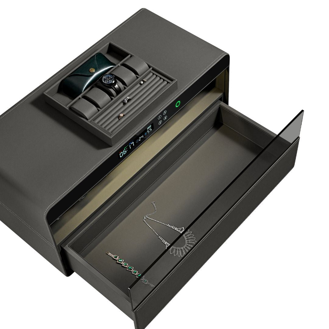 BEACON fingerprint safe box with built-in watch winder holding six watches, secure storage for valuables and timepieces.