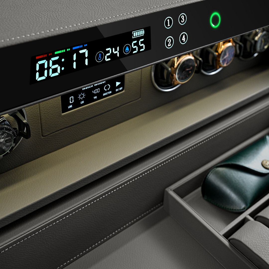 BEACON fingerprint safe box with built-in watch winder holding six watches, compact and secure storage for jewelry and valuables.