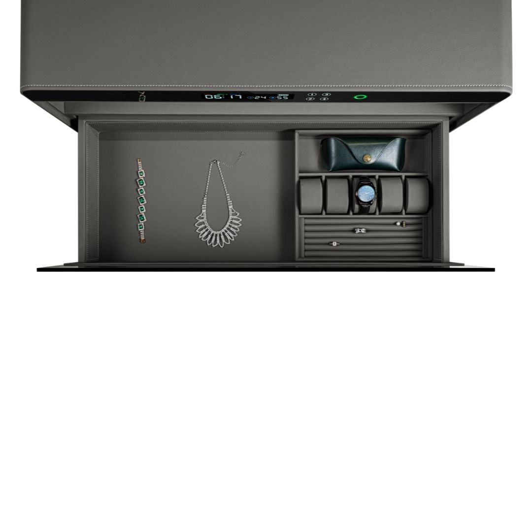 BEACON fingerprint safe box with watch winder holding six watches, secure storage solution, with digital lock and sleek design.