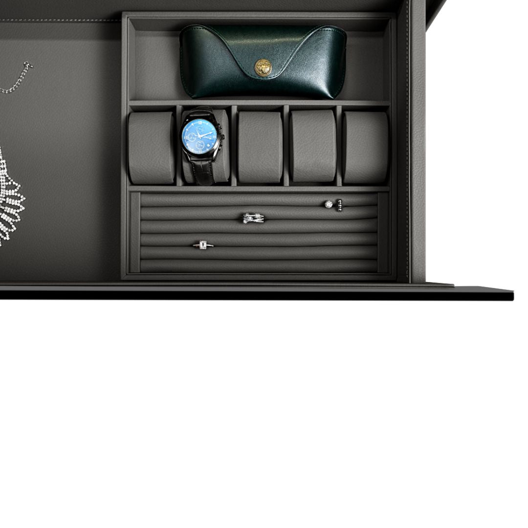 BEACON fingerprint safe box with built-in watch winder holding six watches, sleek black design, secure storage for valuables.