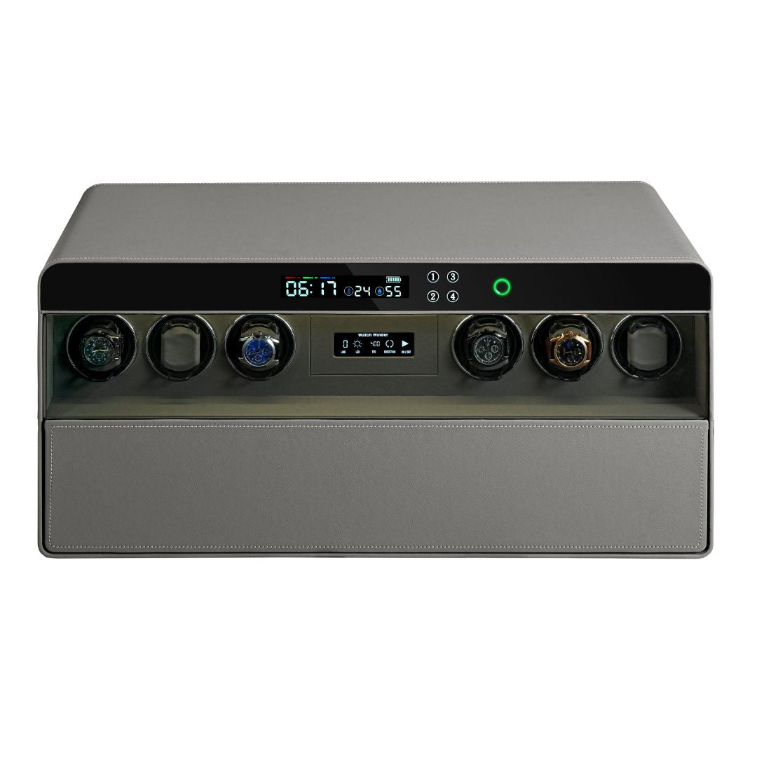 BEACON fingerprint safe box with built-in watch winder holding six watches, model CH9-ST053-T6-760, sleek and secure storage.
