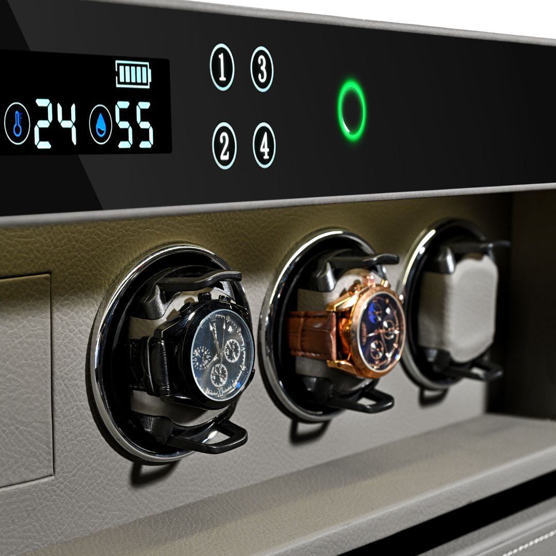 BEACON fingerprint safe box with watch winder holding six watches, black exterior, compact design, secure storage for valuables and watches.