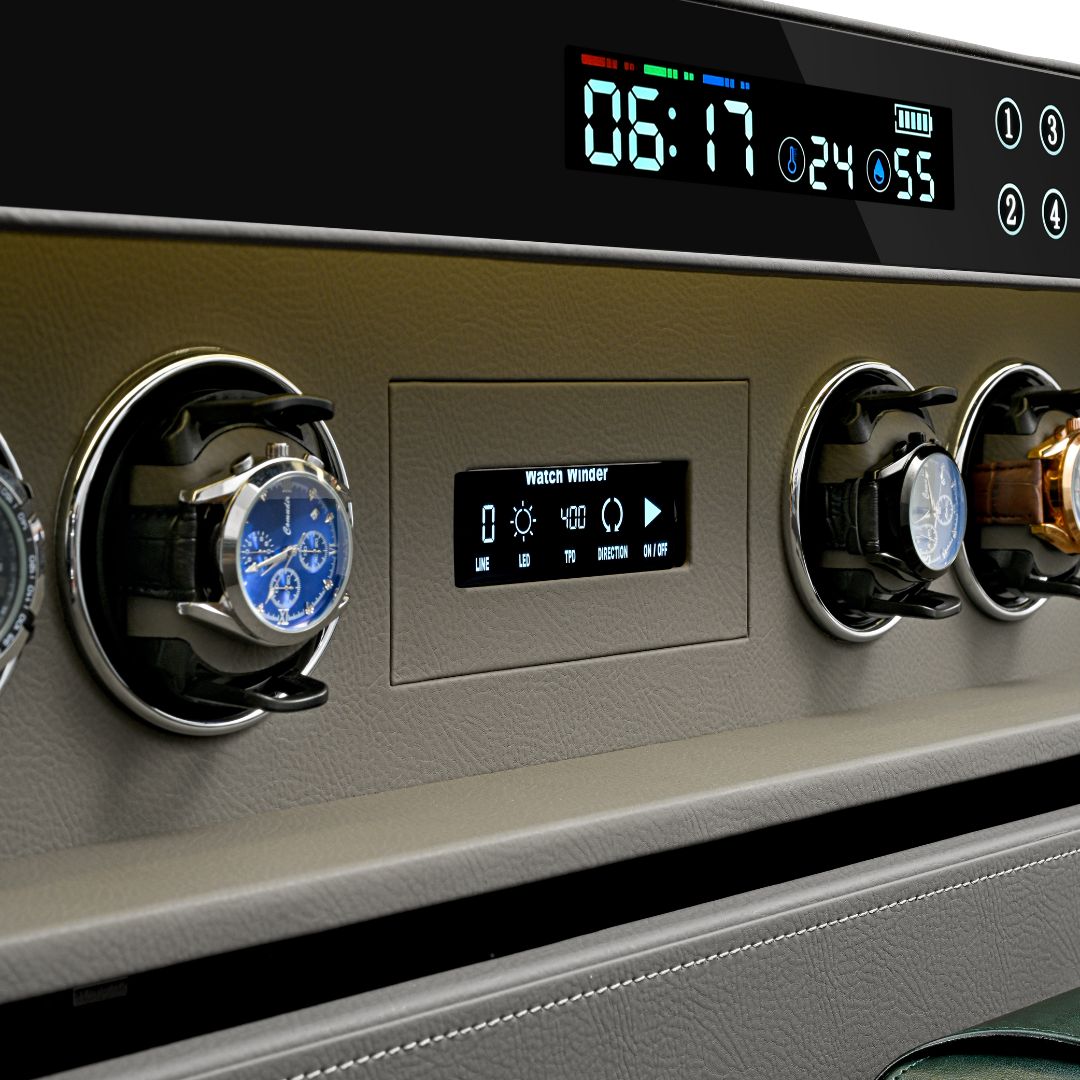 BEACON fingerprint safe box with watch winder holding six watches, secure storage with electronic locking and sleek design.