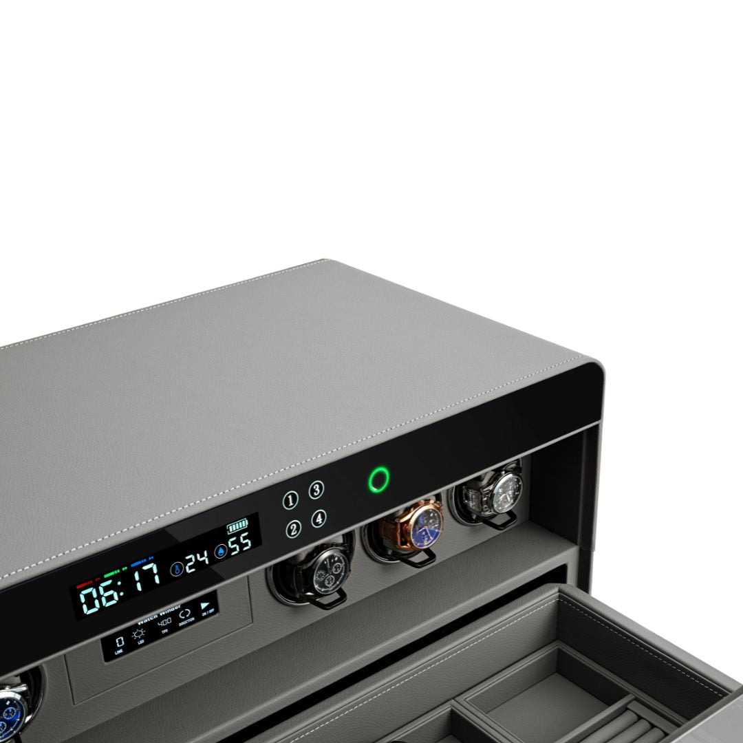 Fingerprint safe box with six-watch winder, black exterior, digital keypad, and secure locking mechanism.