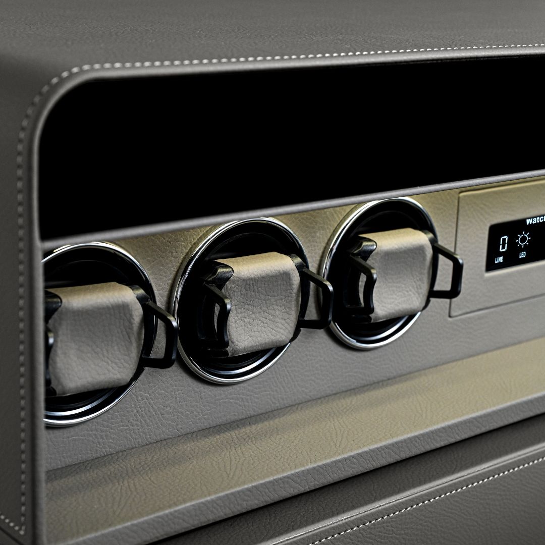BEACON fingerprint safe box with built-in watch winder holding six watches, model CH9-ST053-T6-760, in a sleek black finish.