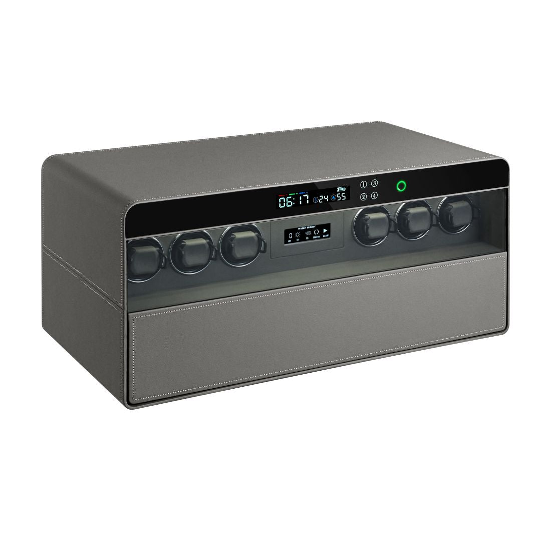 BEACON fingerprint safe box with watch winder for six watches, featuring sleek design and secure storage functionality.