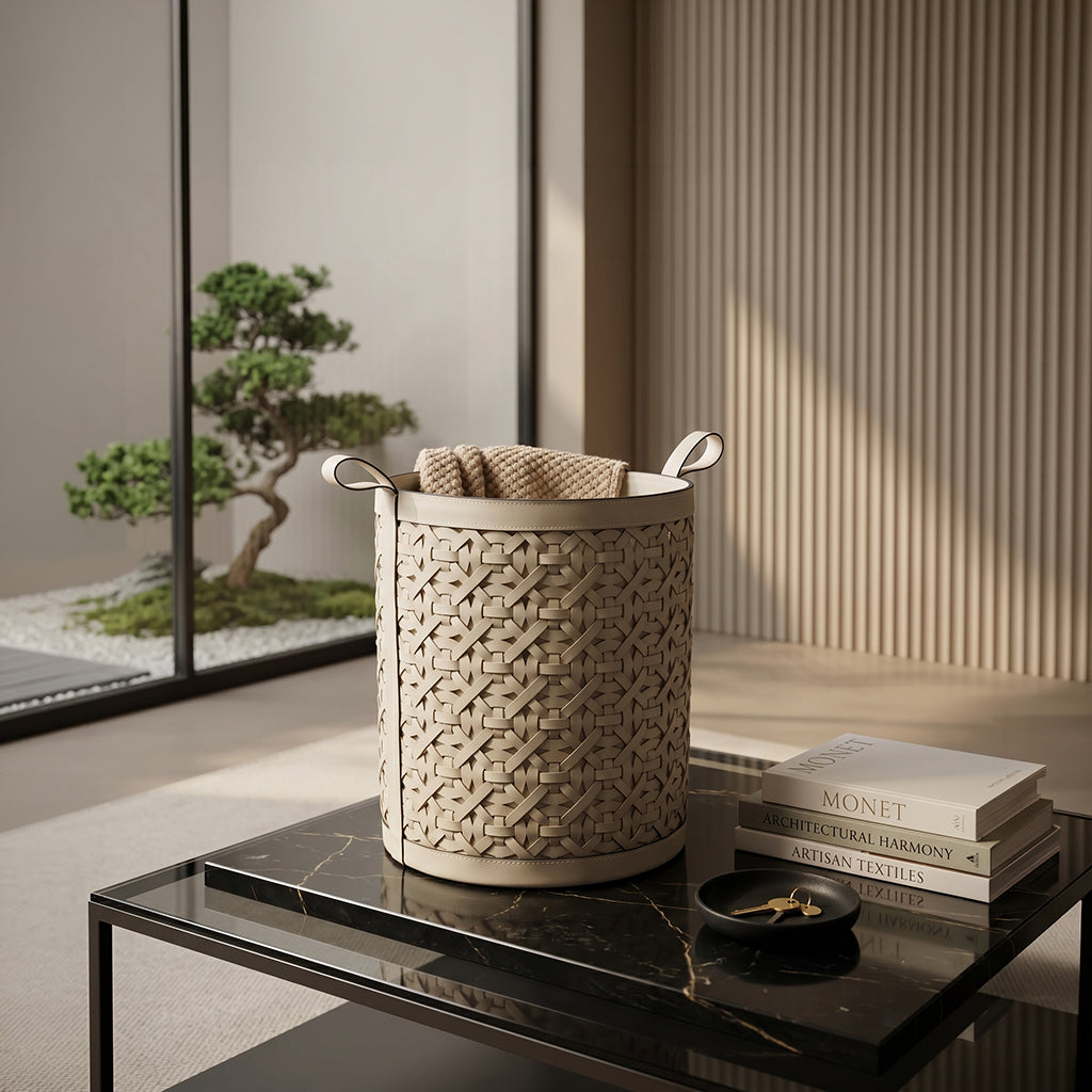 Large woven storage basket by BEACON, natural rattan-style basket with handles, ideal for organizing household items.