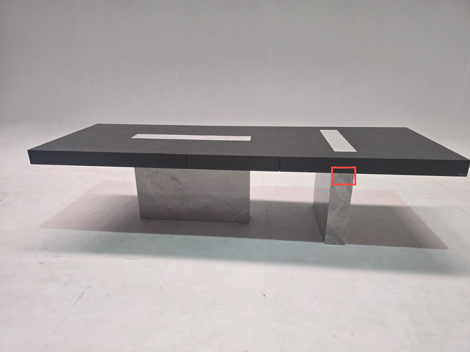 Dark Emperador rectangular dining table by Beacon, display item with a polished surface and sturdy wooden legs.
