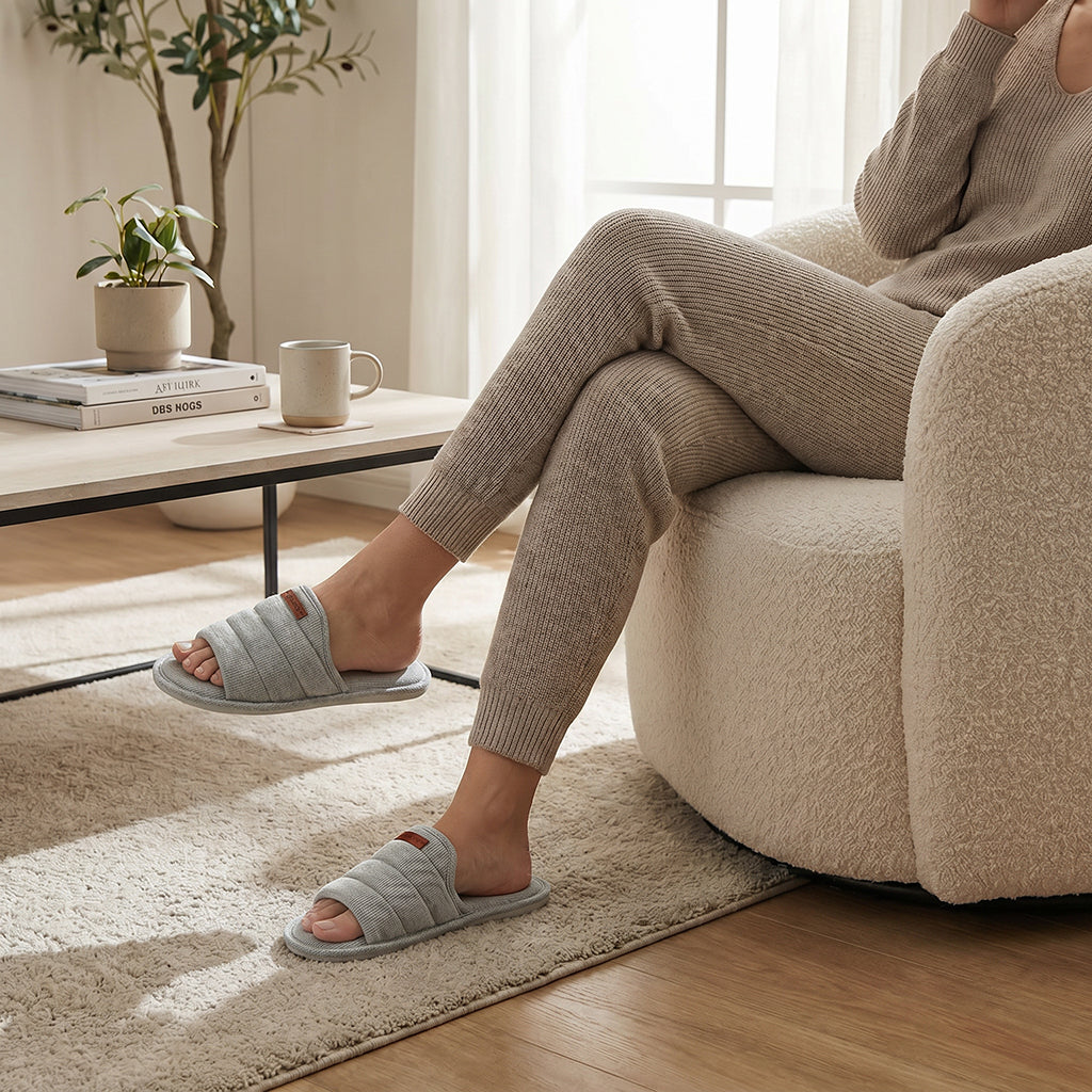 Light grey women's slippers from BEACON, featuring soft fabric and comfortable slip-on design for casual indoor wear.