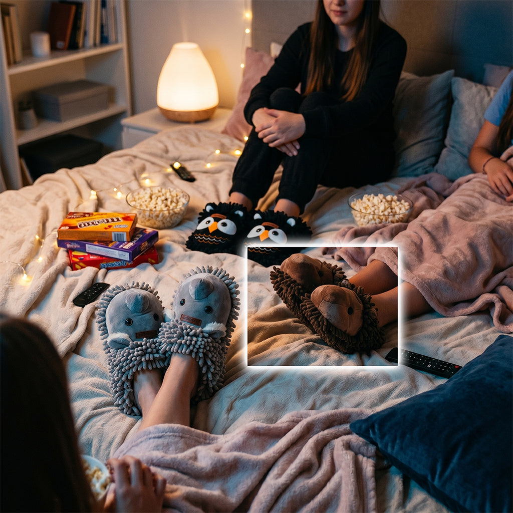 Women's brown animal print slippers by BEACON, featuring soft fabric and cozy design for comfortable indoor wear.