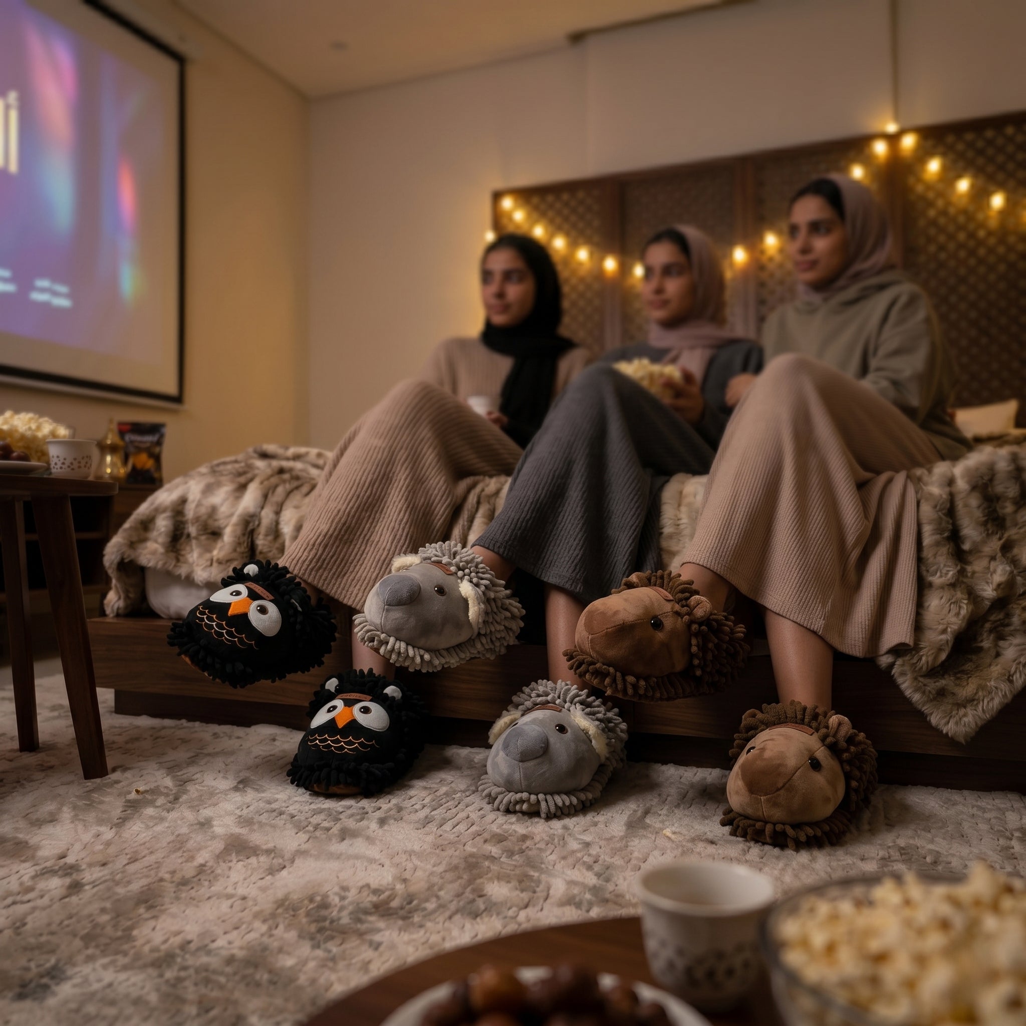 Brown women's animal slippers from Beacon, featuring soft plush material and animal print design, perfect for cozy indoor wear.