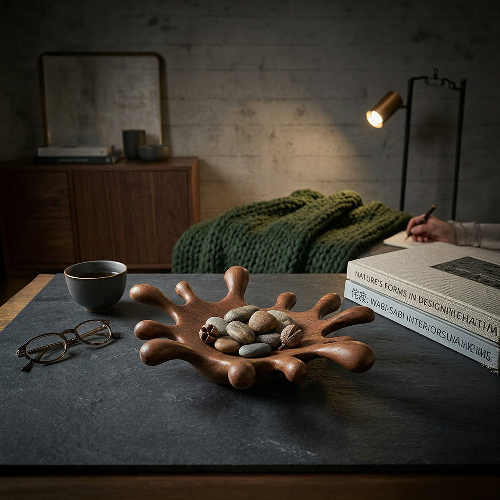 Wooden water droplets tray by BEACON, featuring a natural wood finish and carved droplet design for decorative use.