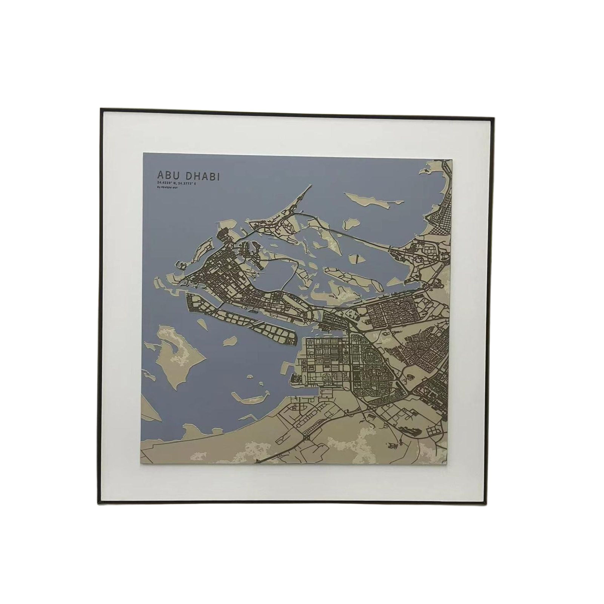 Handmade Abu Dhabi map painting, 140x140 cm, by BEACON, featuring detailed city artwork on canvas.