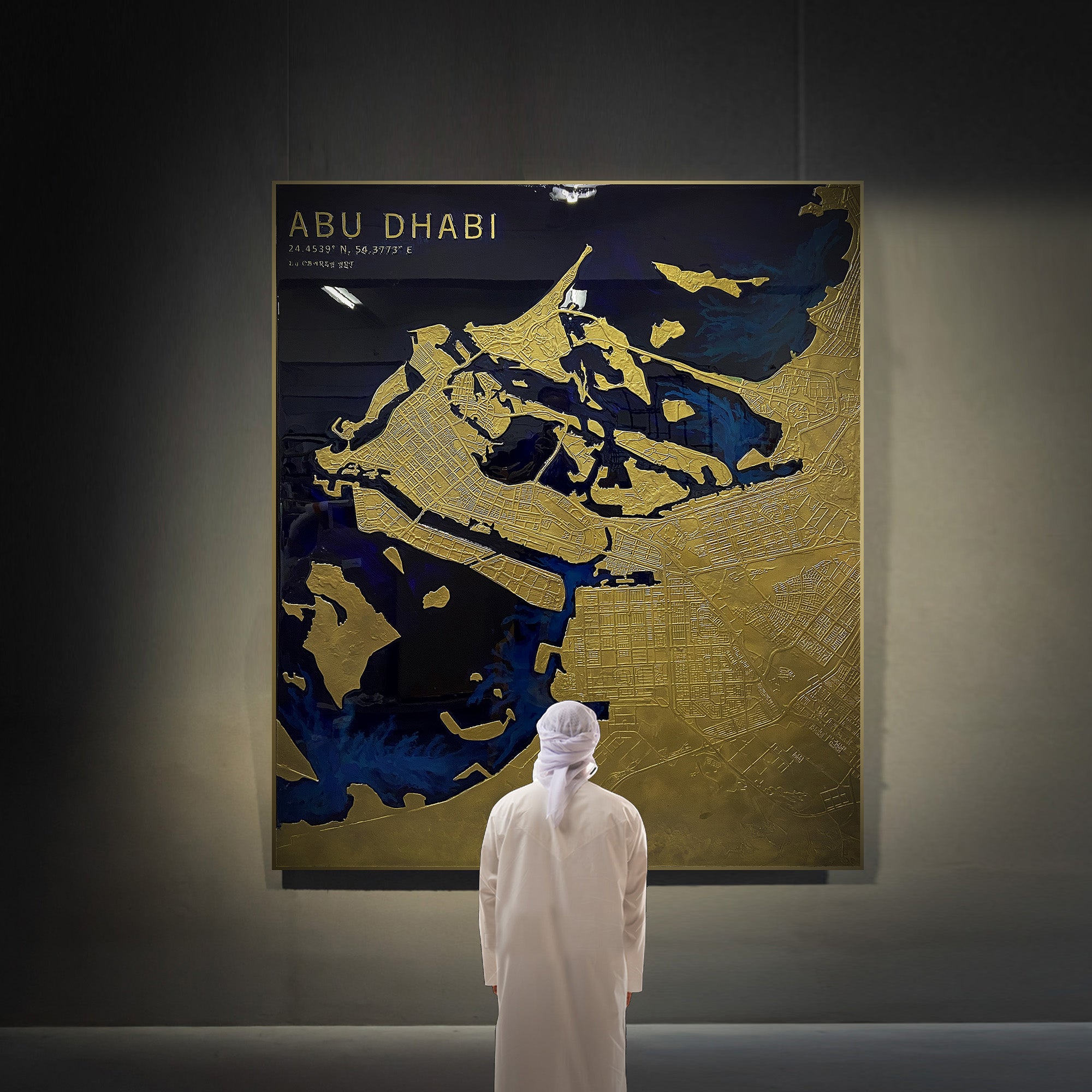 Handmade Abu Dhabi map painting by BEACON, 140x170 cm, detailed artwork on canvas showing city layout and landmarks.