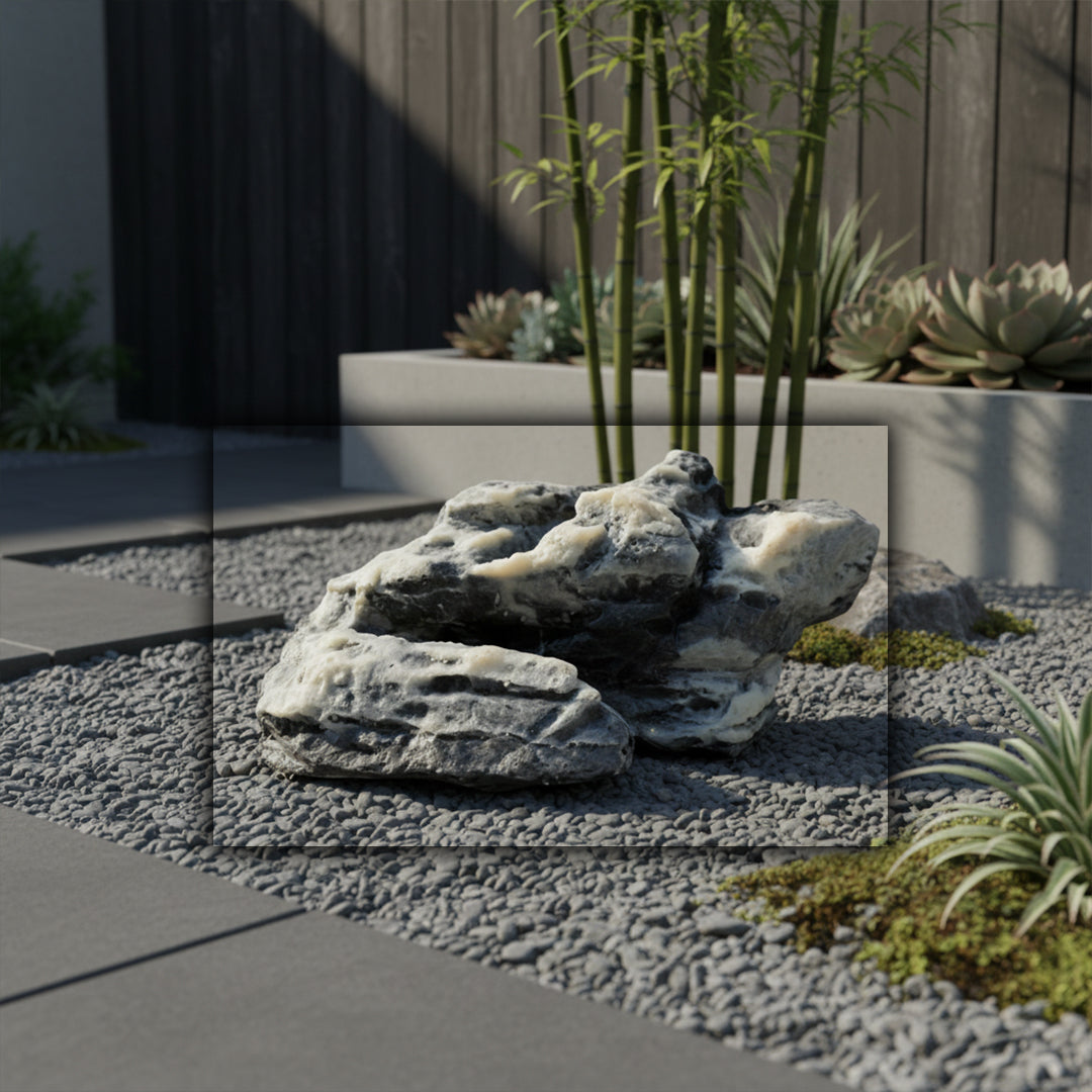 Aerolite Taihu Stone fiberglass decorative figurine by BEACON, used as home decor, featuring a smooth, natural stone appearance.