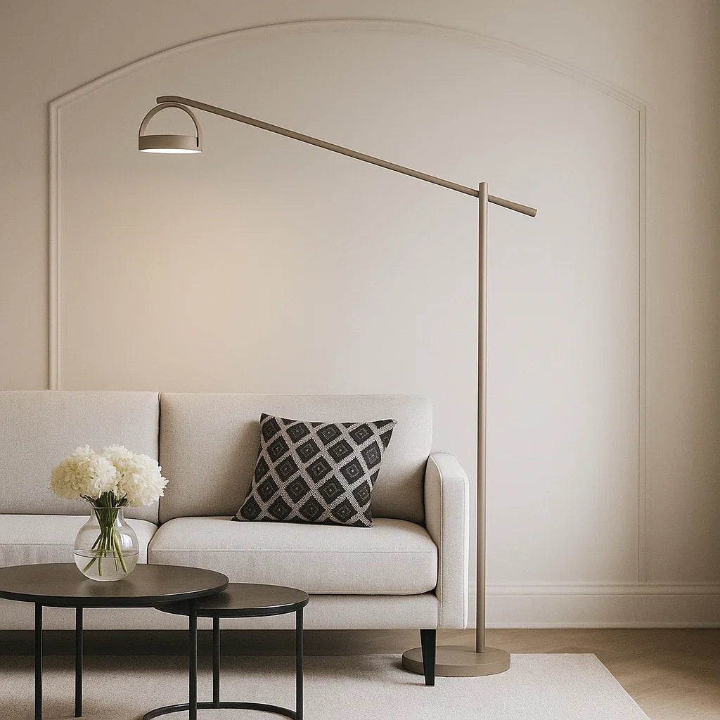 Alu indoor/outdoor floor lamp in taupe by BEACON, sleek smart outdoor lighting with modern design and durable aluminum finish.