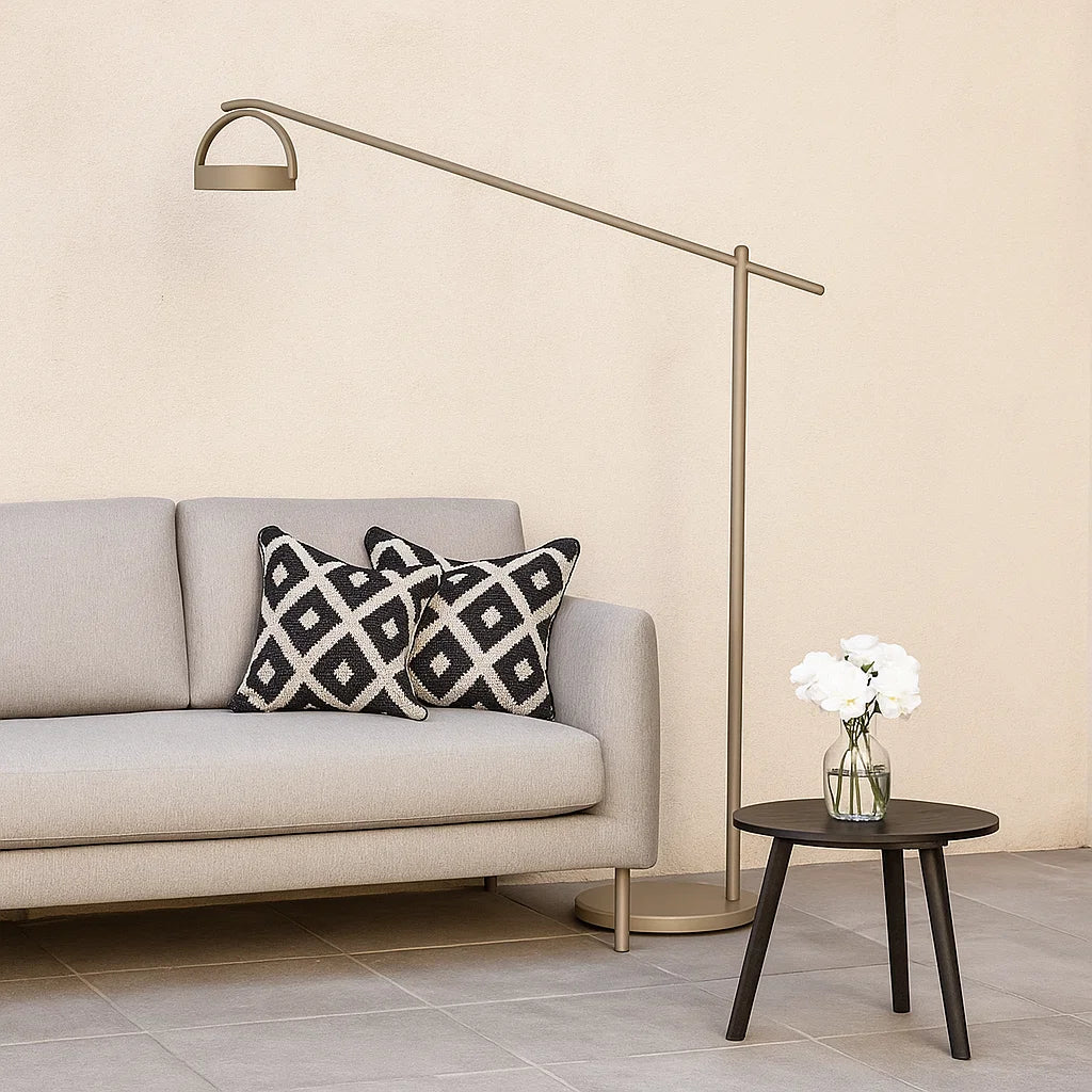 Alu indoor/outdoor floor lamp by BEACON, taupe color, modern smart outdoor lighting with sleek design and sturdy base.