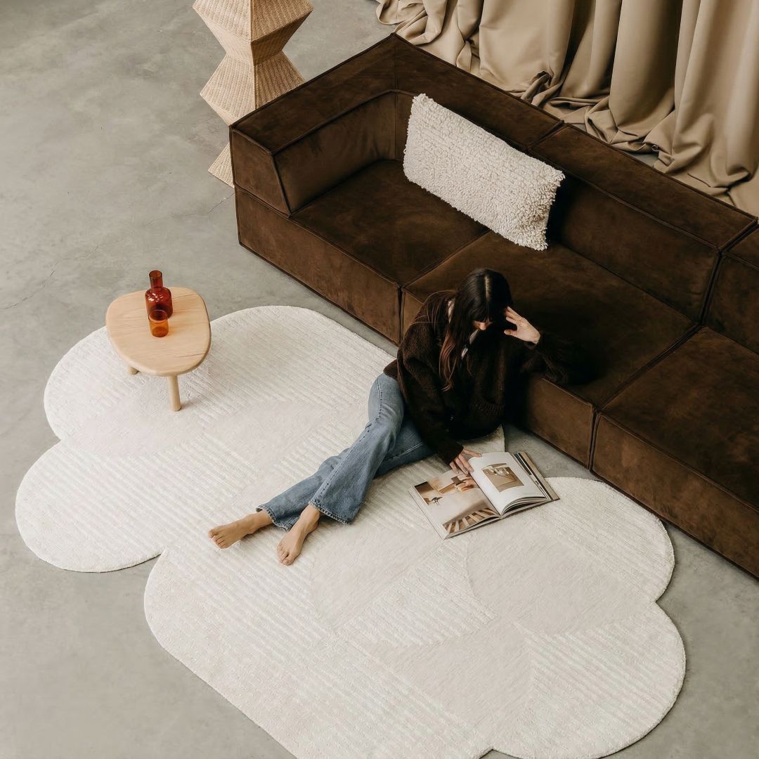 Beige 180x120 cm Javi Kaleidoscope Wool Rug with modern geometric pattern, soft texture, and intricate design.