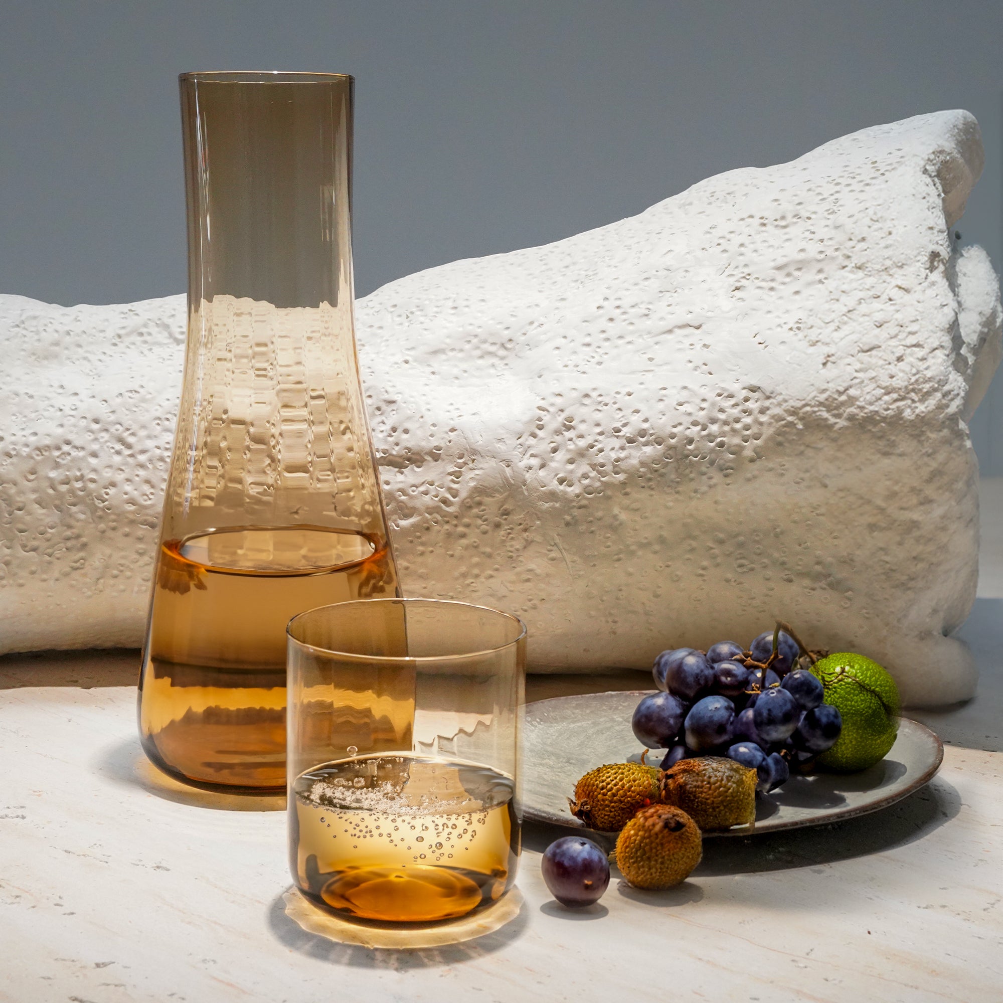 Amber glass carafe and tumbler set with 1.2L carafe and 150ml tumbler, stylish drinkware by BEACON.
