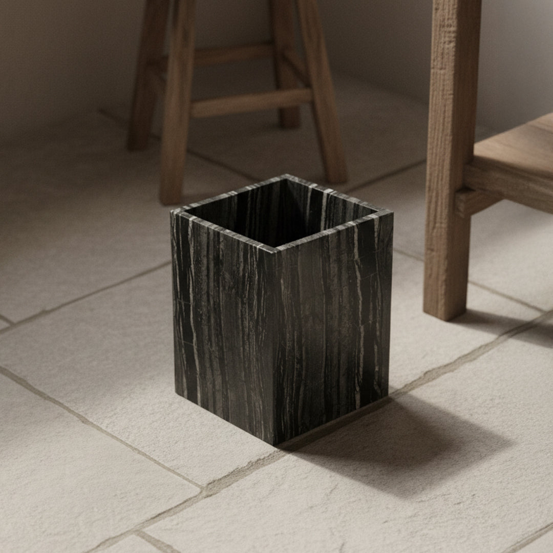 Ancient wood grain marble bathroom trash can by BEACON, stylish bathroom accessory with wood and marble finish.