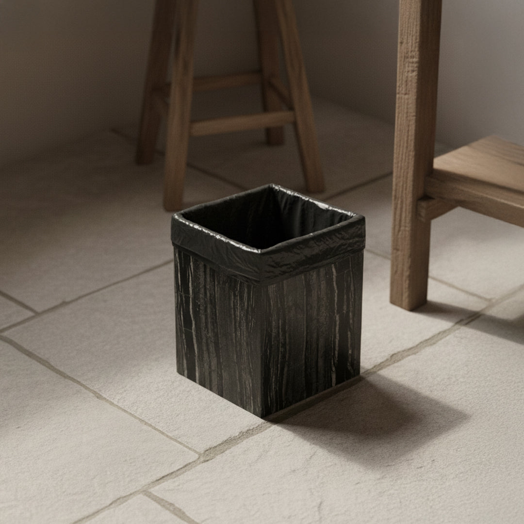 Ancient wood grain marble bathroom trash can by BEACON, designed for stylish bathroom accessories and modern decor.