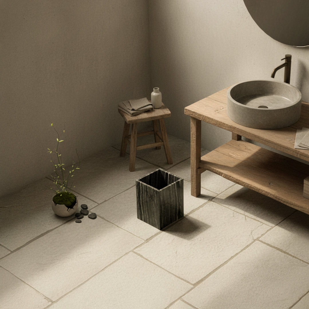 Ancient wood grain marble bathroom trash can by BEACON, stylish bathroom accessory with elegant wood and marble design.