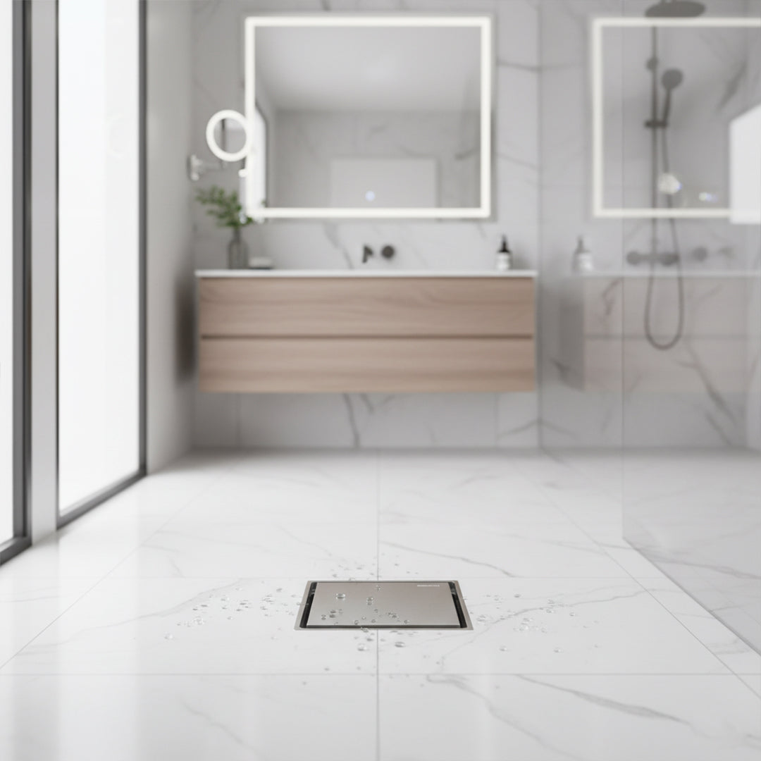 BEACON anti-smell floor drainer, 10x10cm, bathroom accessory with odor control, in a modern bathroom setting.