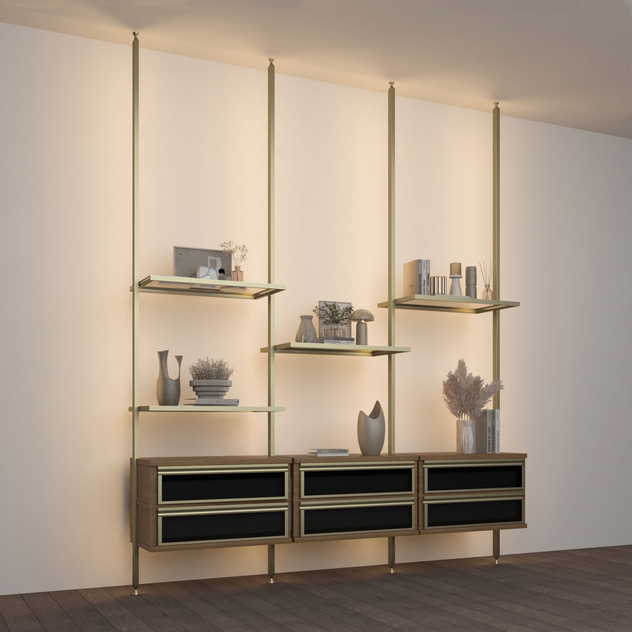 Glass shelf for closet or cabinet, 100 cm long in Antik color with LED lighting and 3m wiring by AKYOL.
