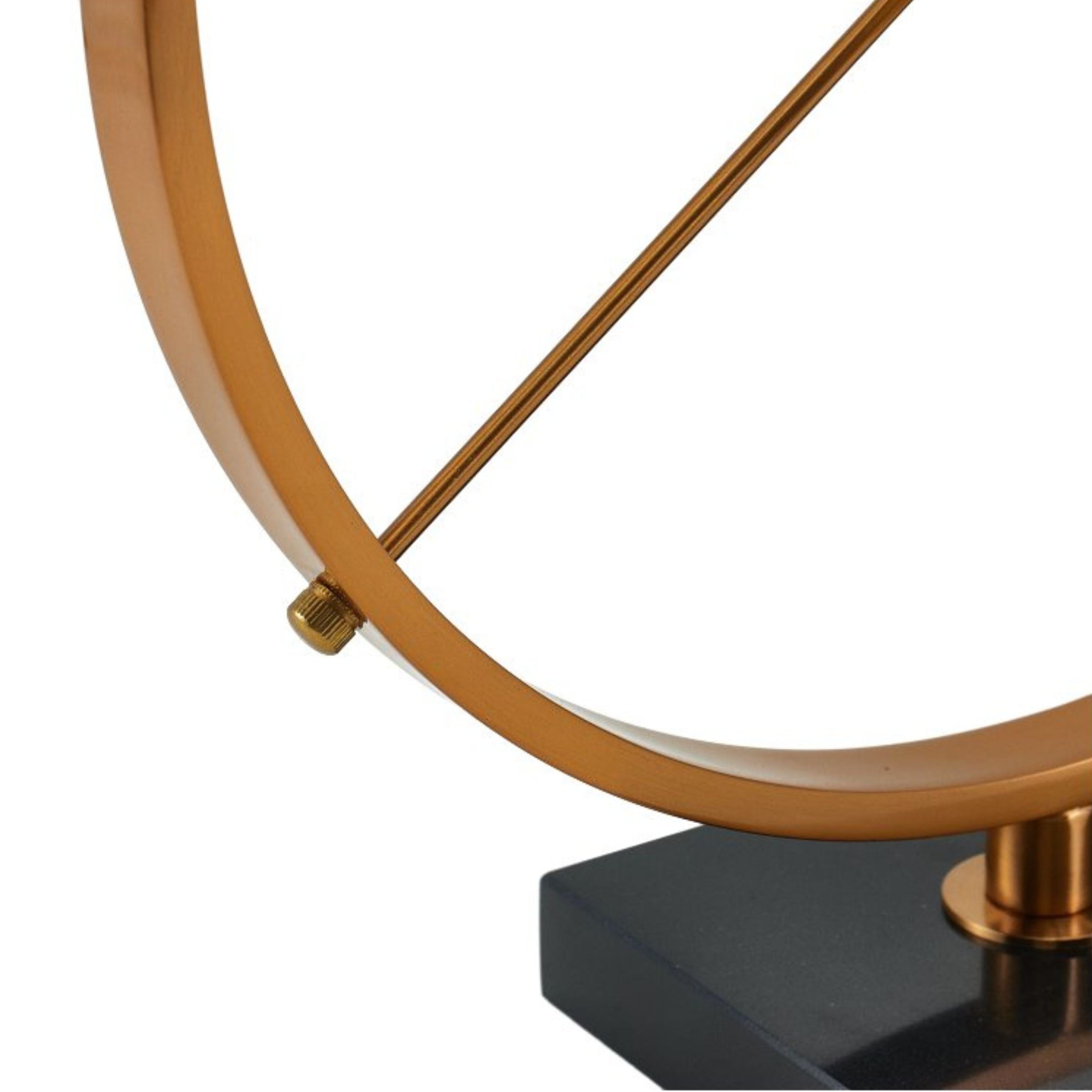 Antique brass iron and marble tabletop clock by Beacon, vintage-style clock with intricate design on a marble surface.