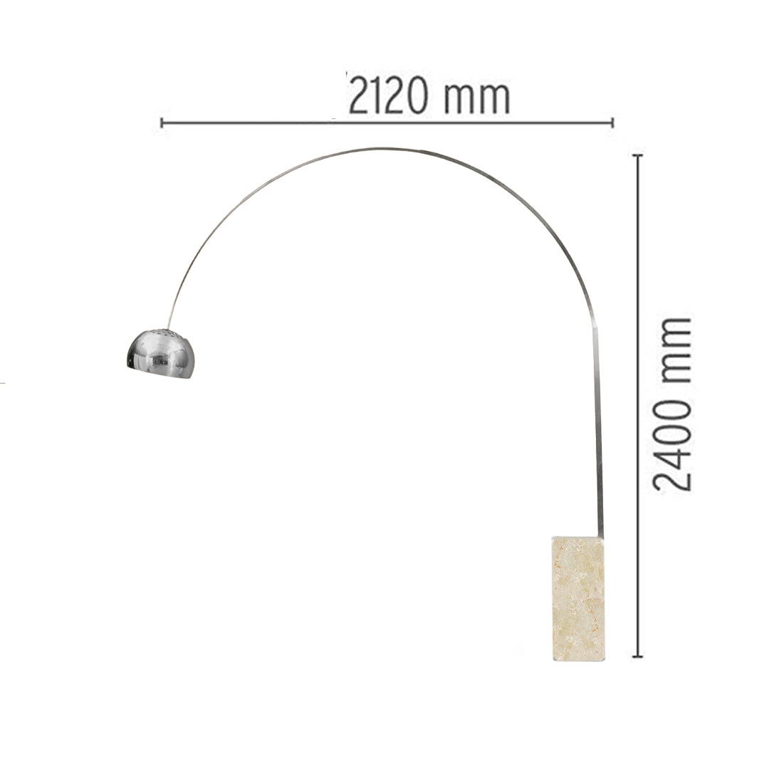 Elegant BEACON arc floor lamp with a stylish travertine base and sleek metal arm for modern lighting.