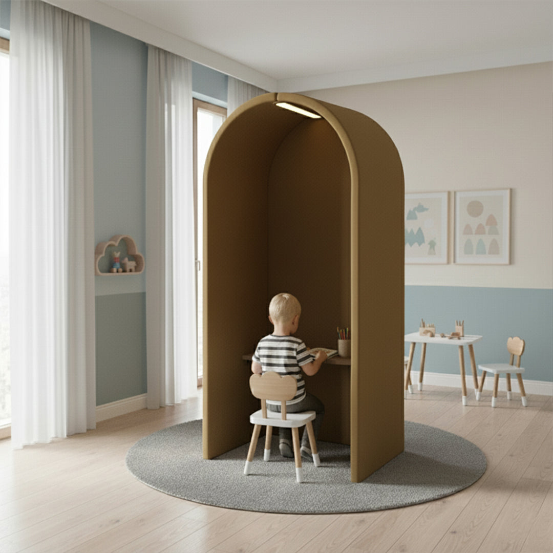 Arcadia Kids Desk Workstation YDJ-W106 in mustard color, a compact office booth with a modern design for children.