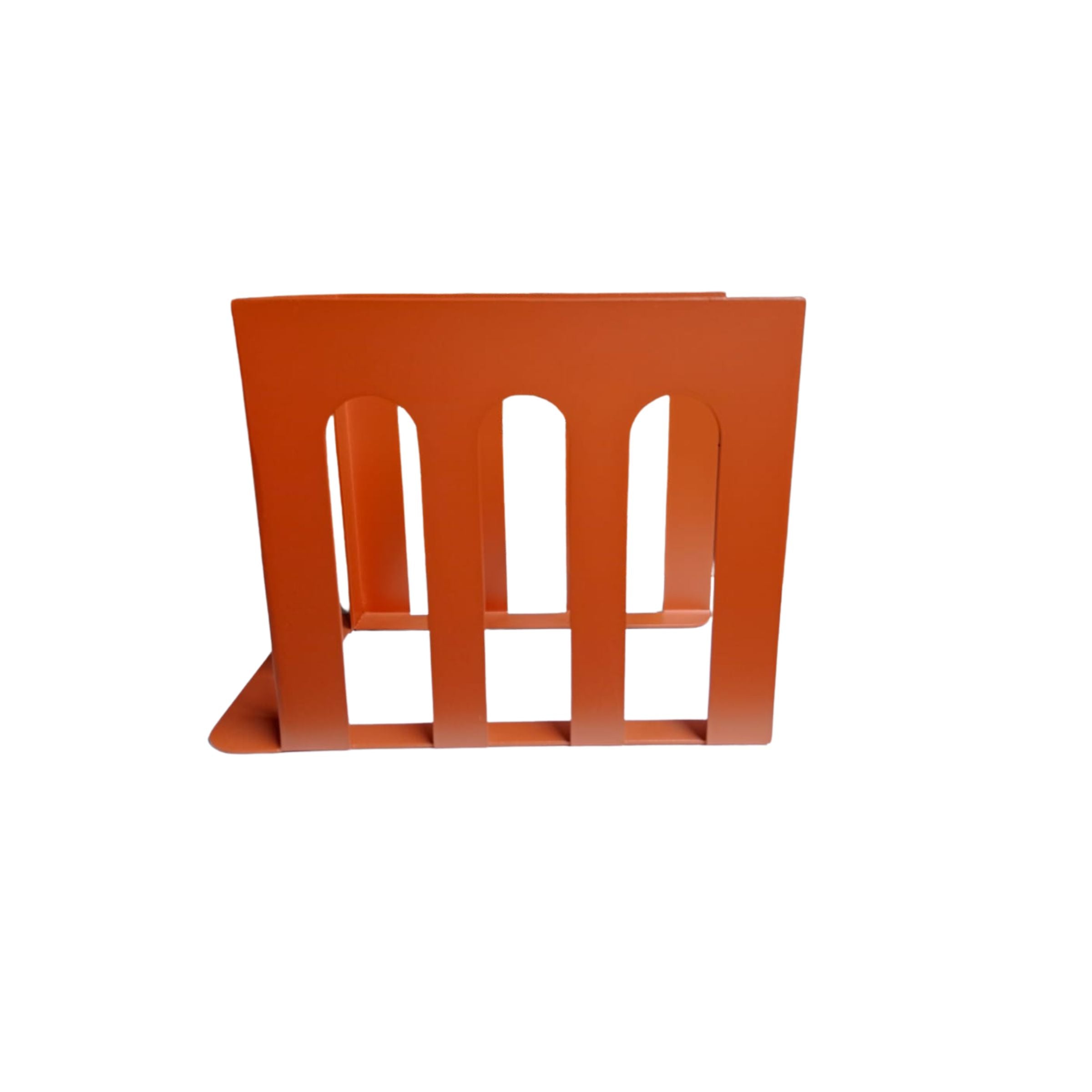 Orange arch-shaped bookend ornament by BEACON, designed to hold and display books with a stylish, decorative stand.