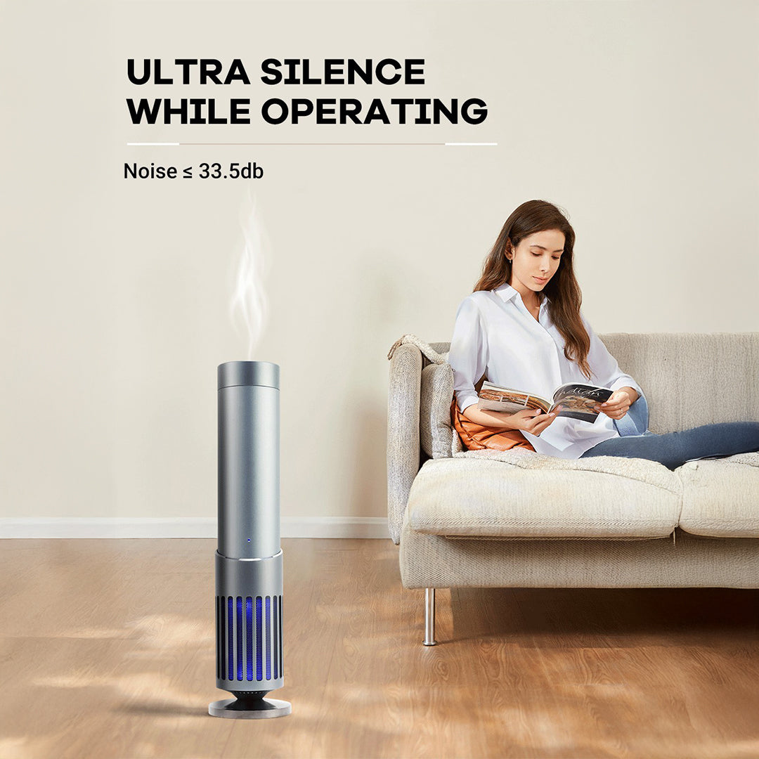 BEACON ebarza Smart Aroma Diffuser with built-in speaker, shown with oud scent oil, designed for rooms up to 300m³.