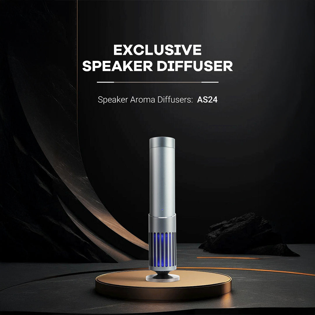 Smart Aroma Diffuser with speaker by ebarza, showcasing sleek design and included oud scent oil, ideal for large rooms up to 300m³