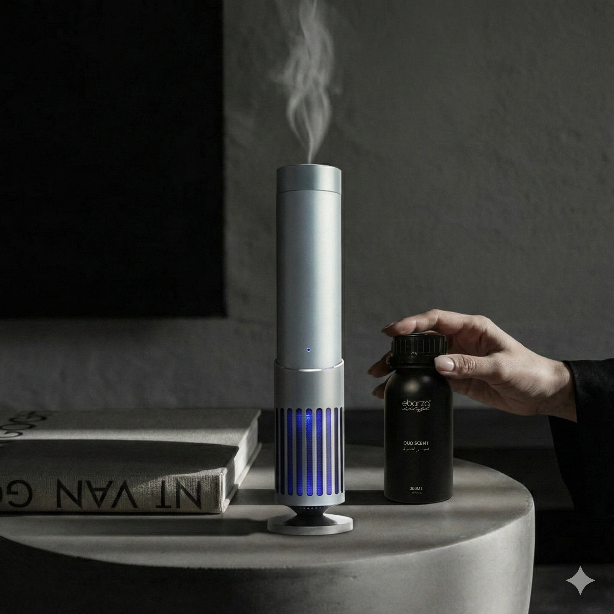 Smart aroma diffuser with built-in speaker and free oud scent oil by ebarza, featuring modern design and ambient lighting.
