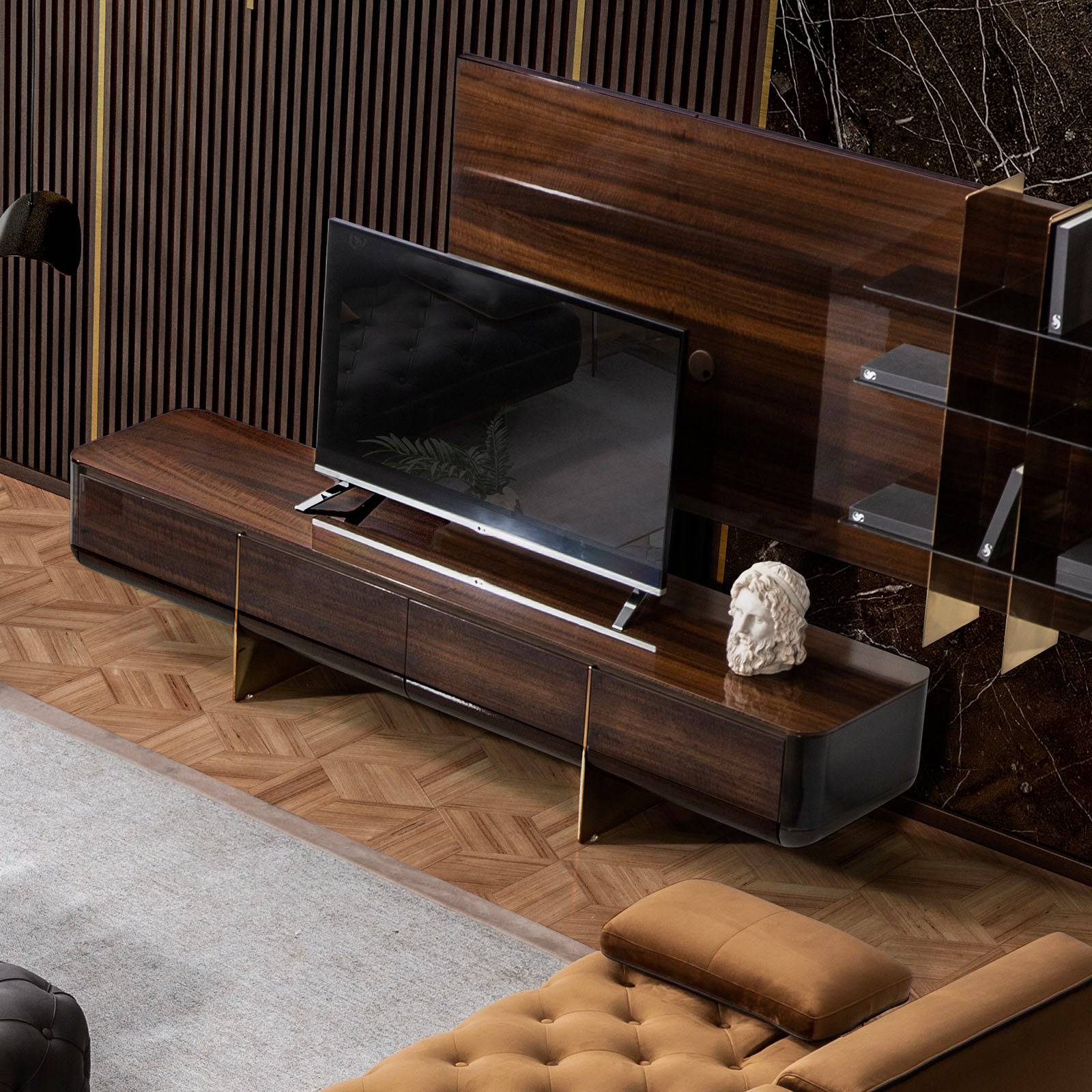 Saloni Arpage TV unit with sleek modern design, featuring open shelves and storage compartments, ideal for contemporary living rooms.