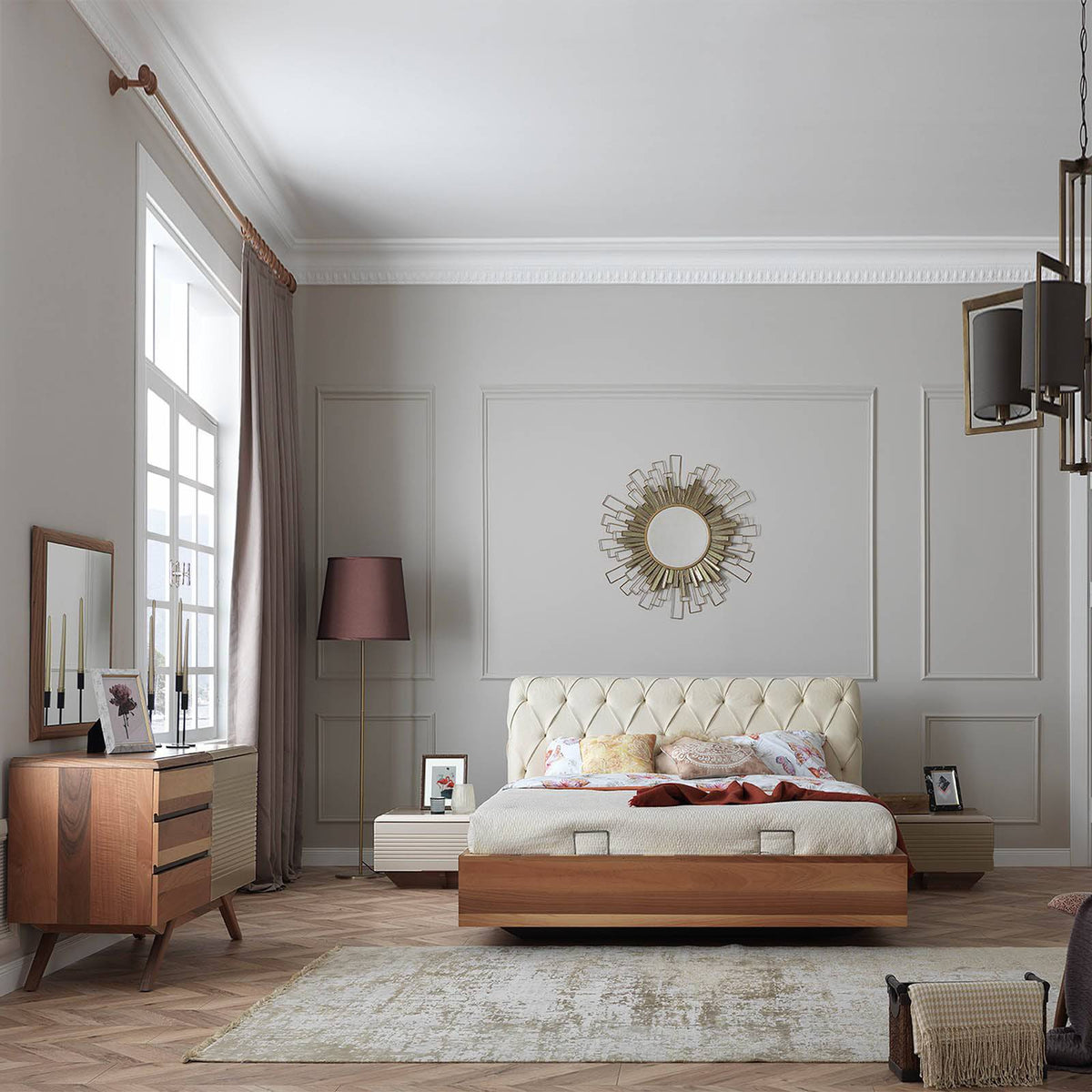 YOL LIVING Arya Mirror 75x75 with sleek modern design, mounted on a bedroom wall, reflecting a contemporary interior scene.