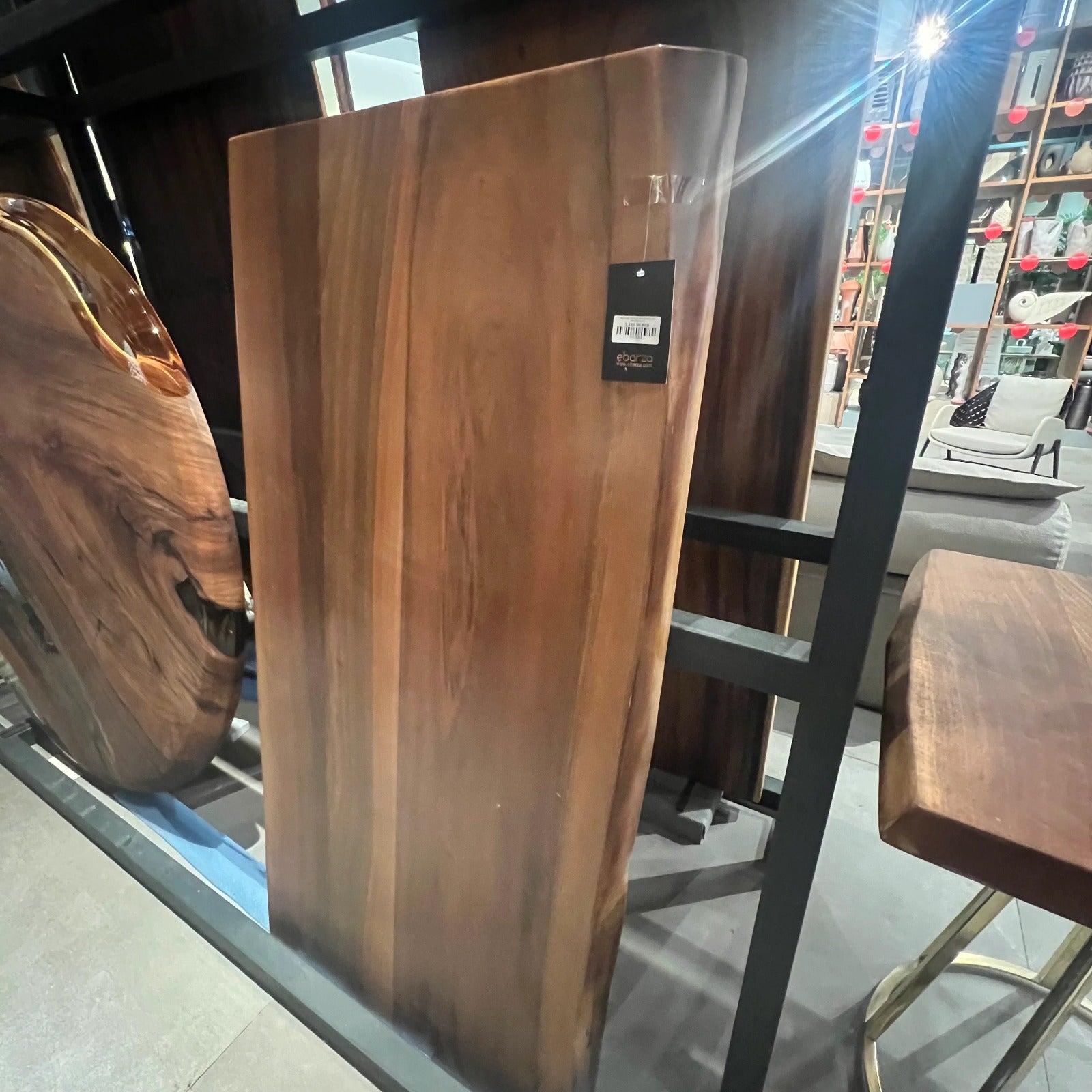 Live edge wooden dining table top by SANCREA, 140x70 cm, showcasing natural wood grain and rustic finish.