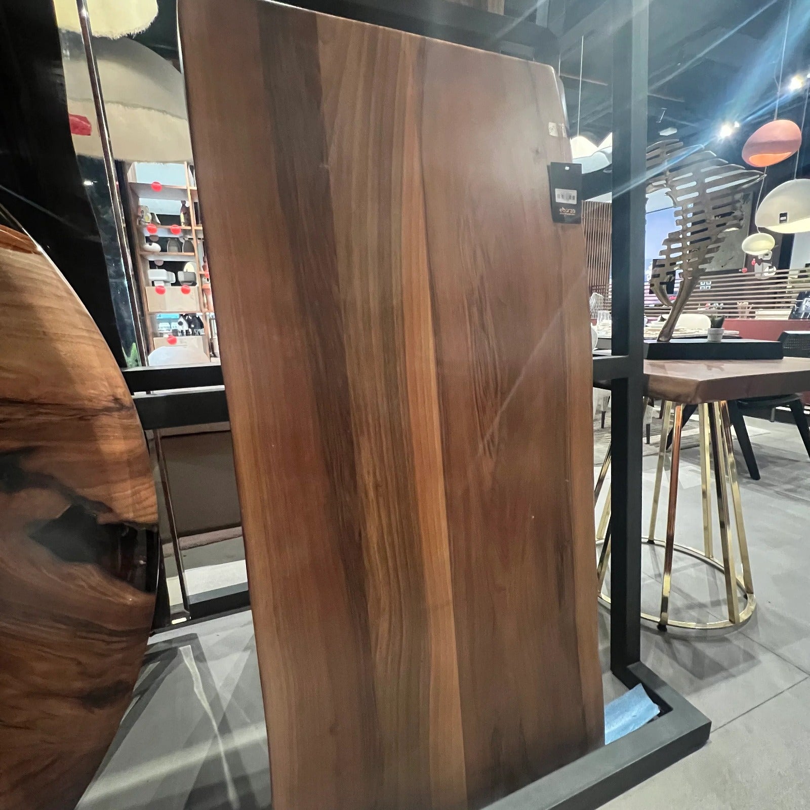 Live edge dining table top by SANCREA, 140x70 cm, natural wood finish, display item showcasing rustic design and craftsmanship.