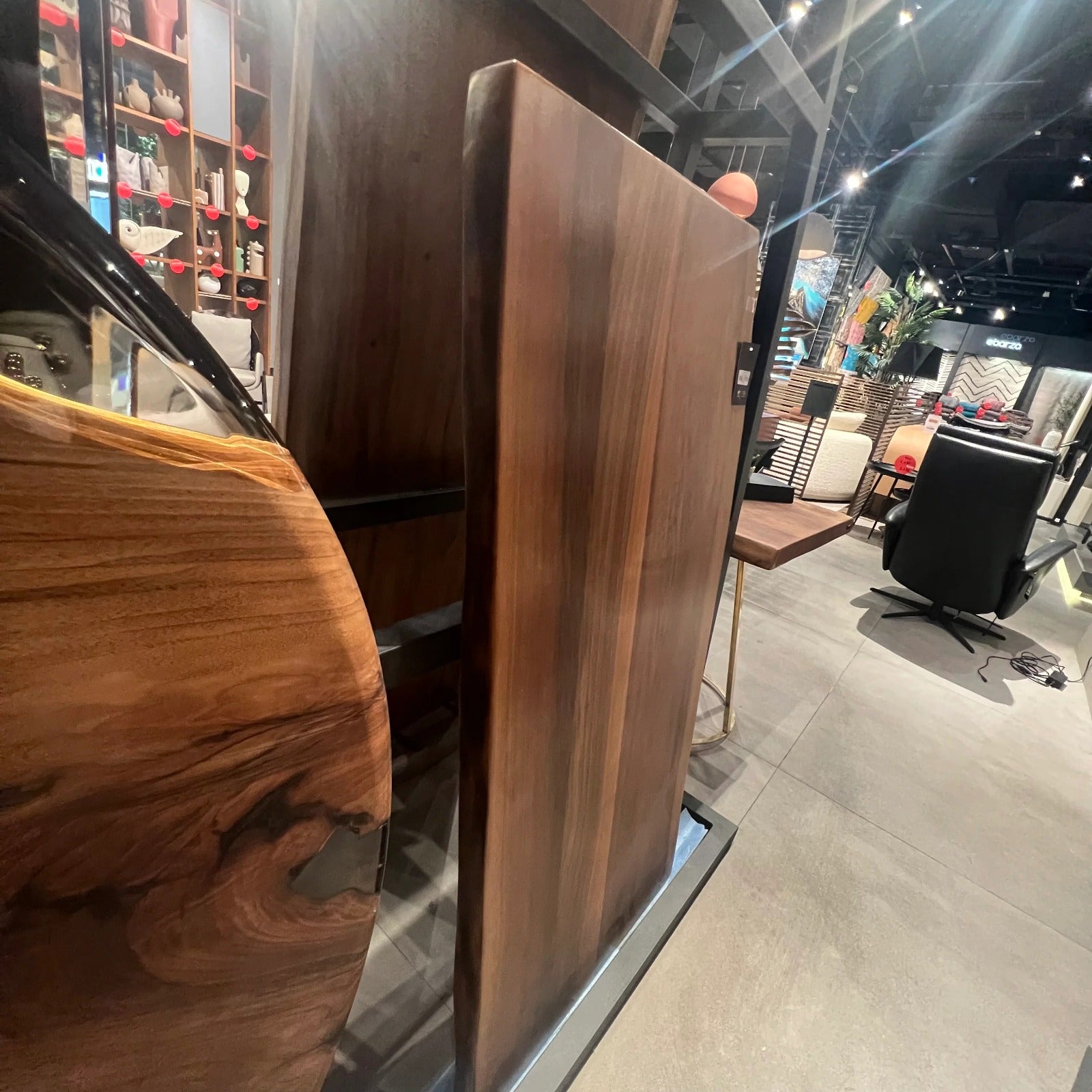 Live edge wooden dining table top by SANCREA, 140x70 cm, showcasing natural wood grain and rustic finish.