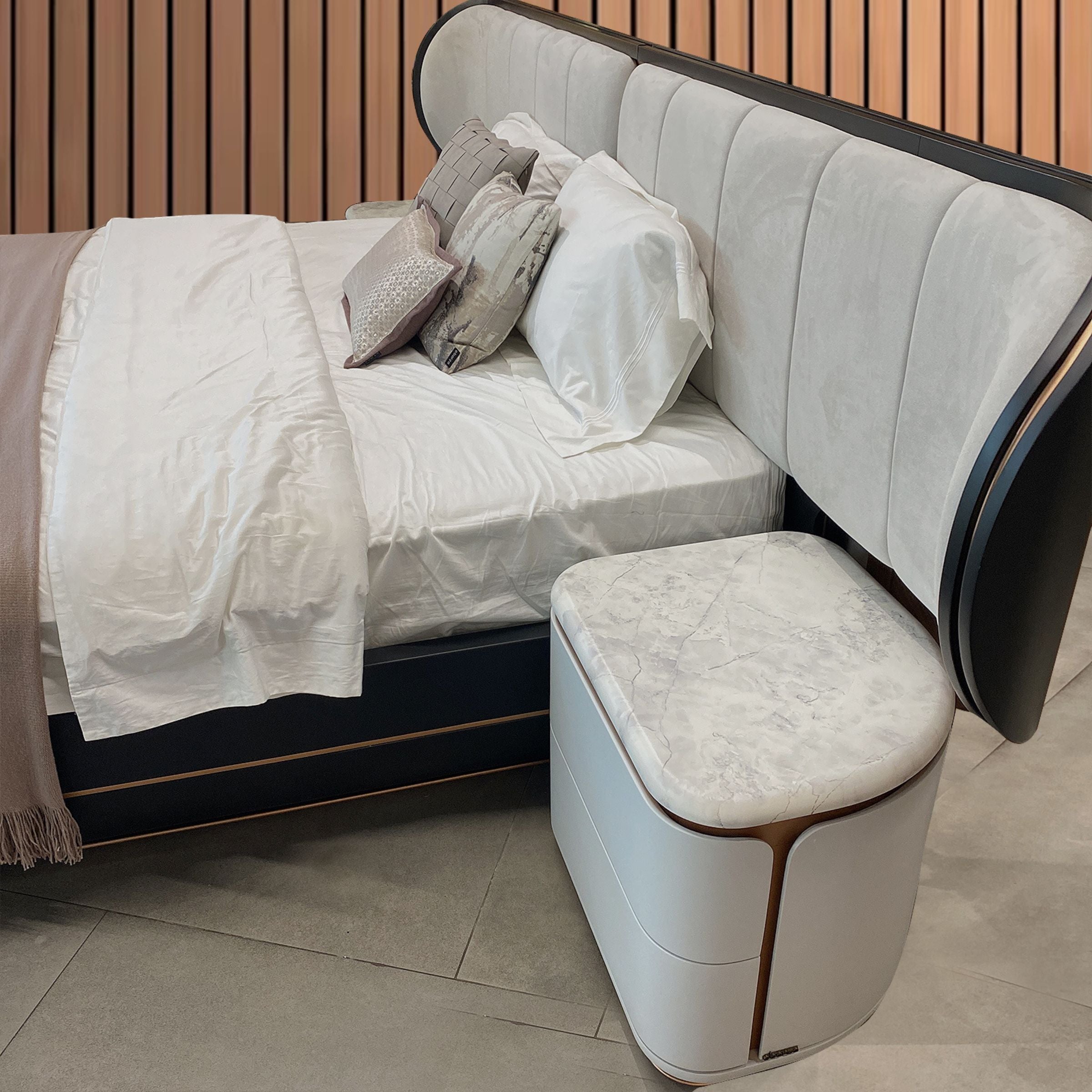 Two LODA Furniture Tulip Bedside Tables in AS IS display condition, showcasing their unique tulip design and sleek finish.
