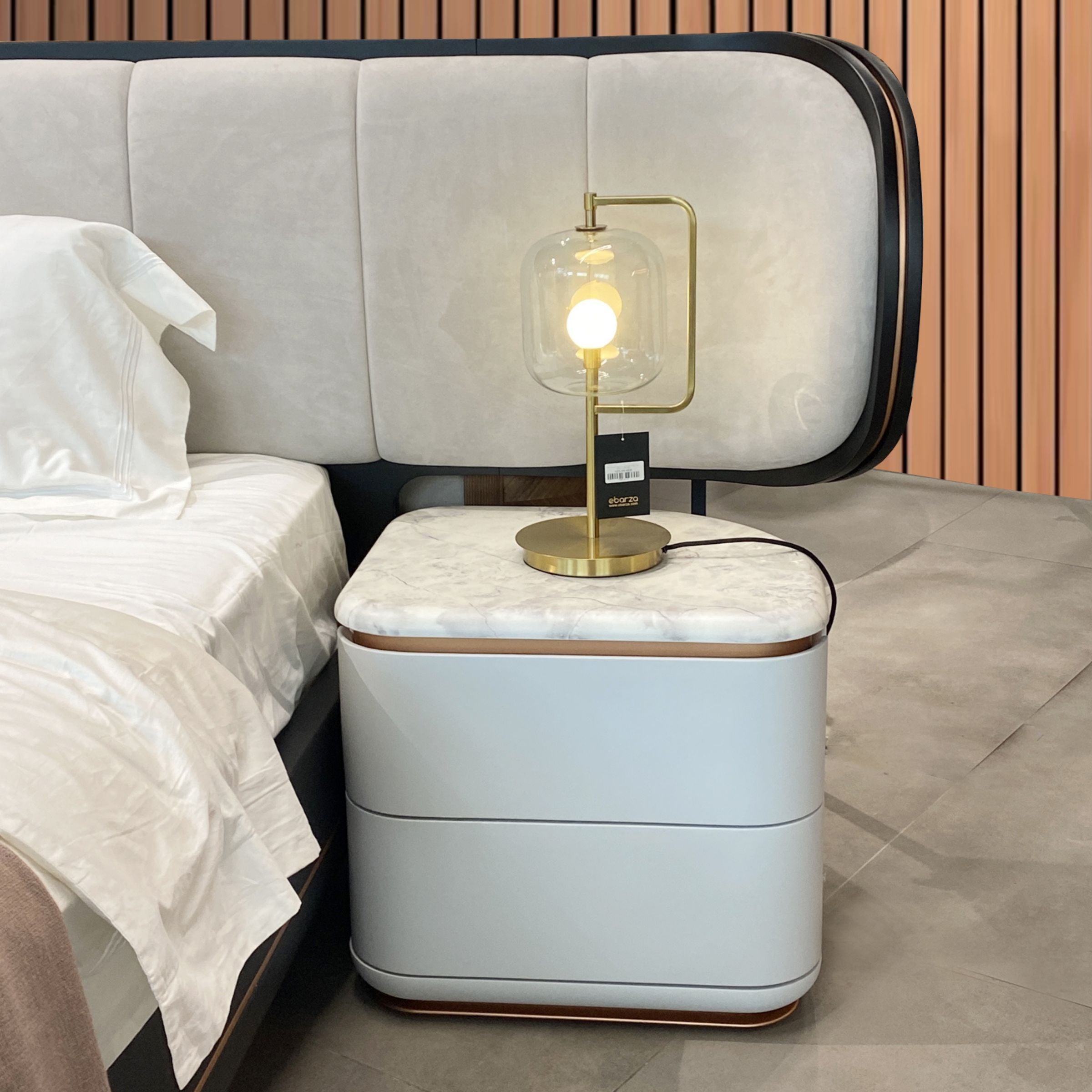 Two LODA Furniture Tulip Bedside Tables displayed as-is, showcasing their sleek design and modern tulip-style bases.