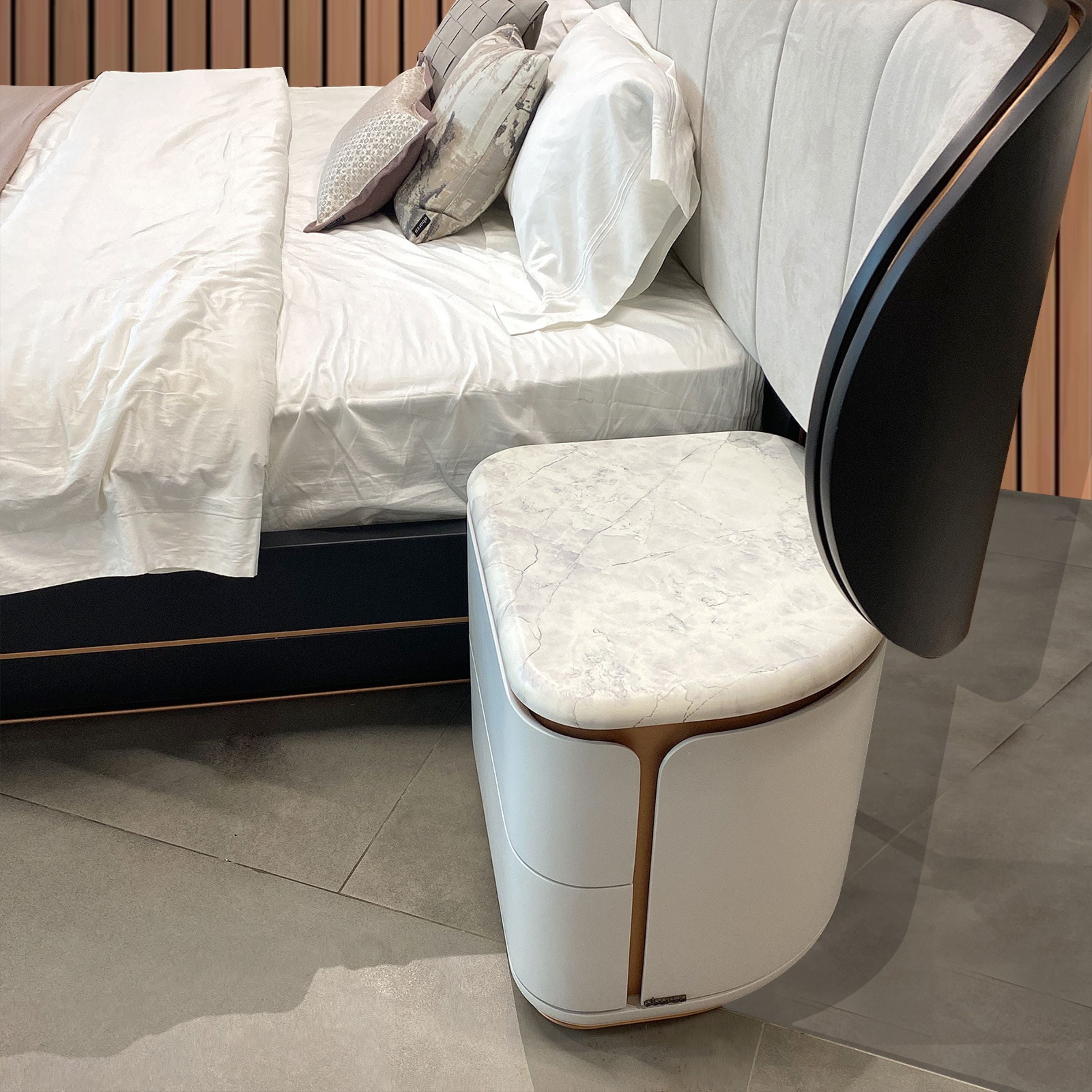 Two LODA Furniture Tulip Bedside Tables in display condition, featuring a modern tulip design and a white finish.