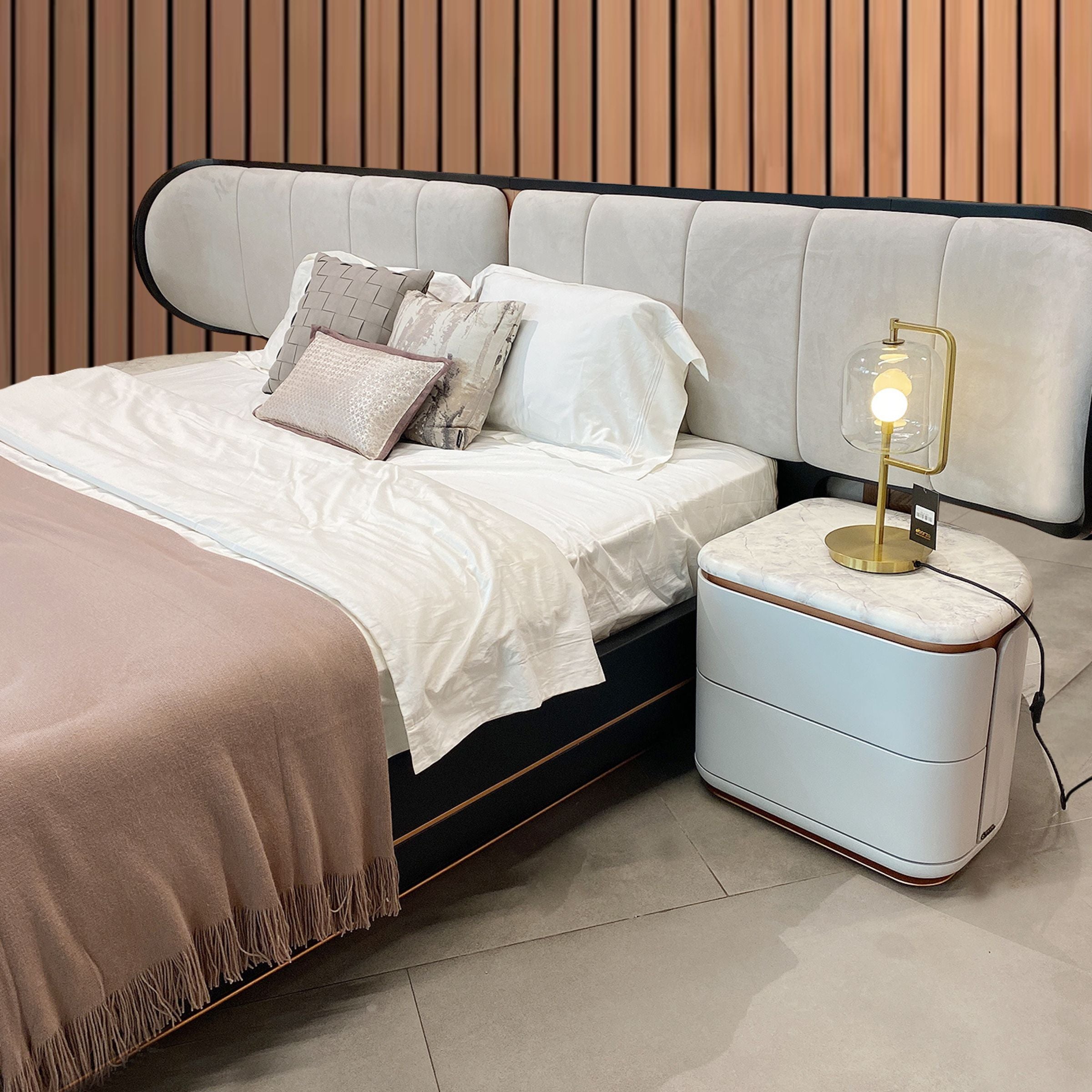 Two LODA Furniture Tulip Bedside Tables in display condition, showcasing their distinctive tulip-shaped design.
