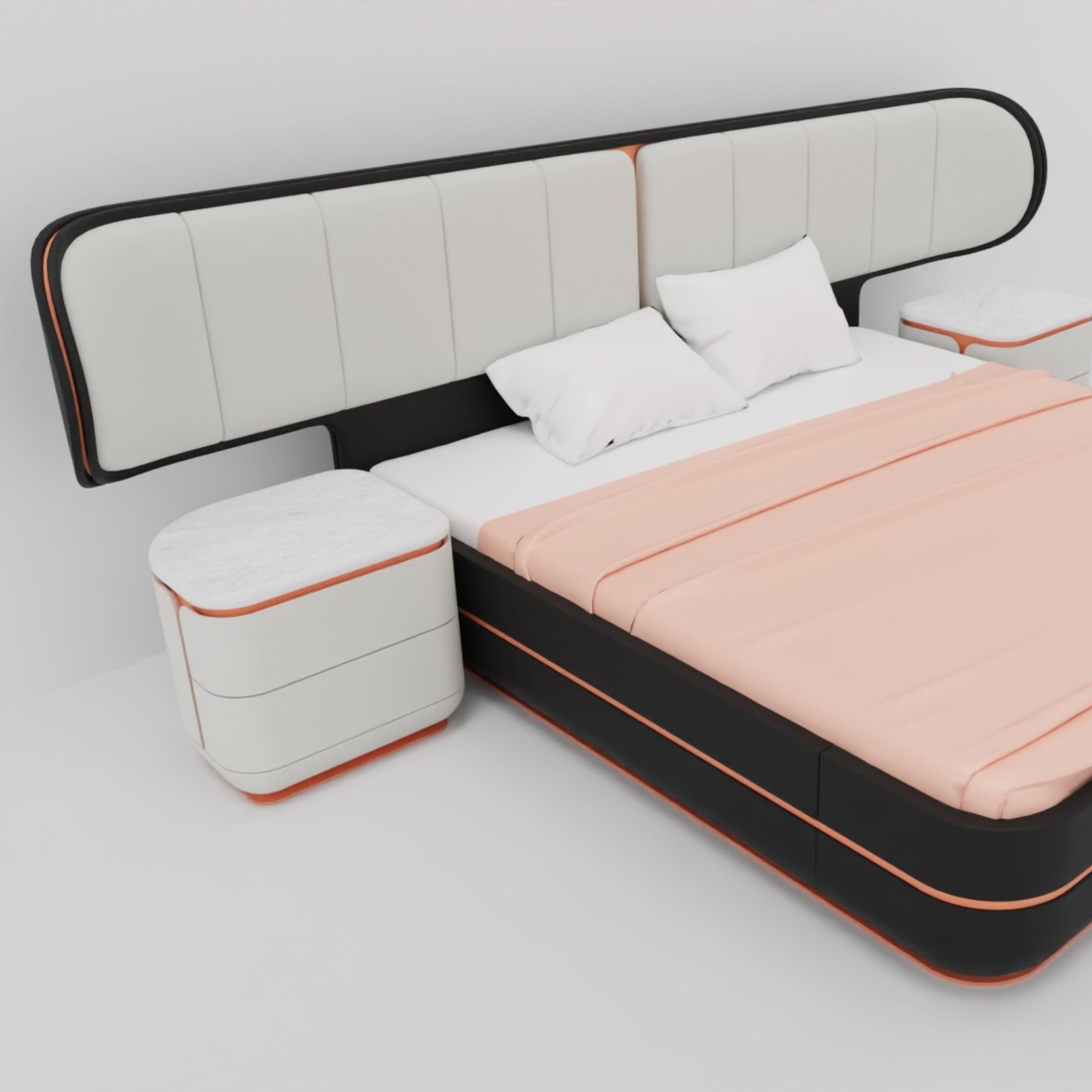 Two tulip-shaped bedside tables by LODA FURNITURE, displayed as-is, showing their unique design and wood finish.