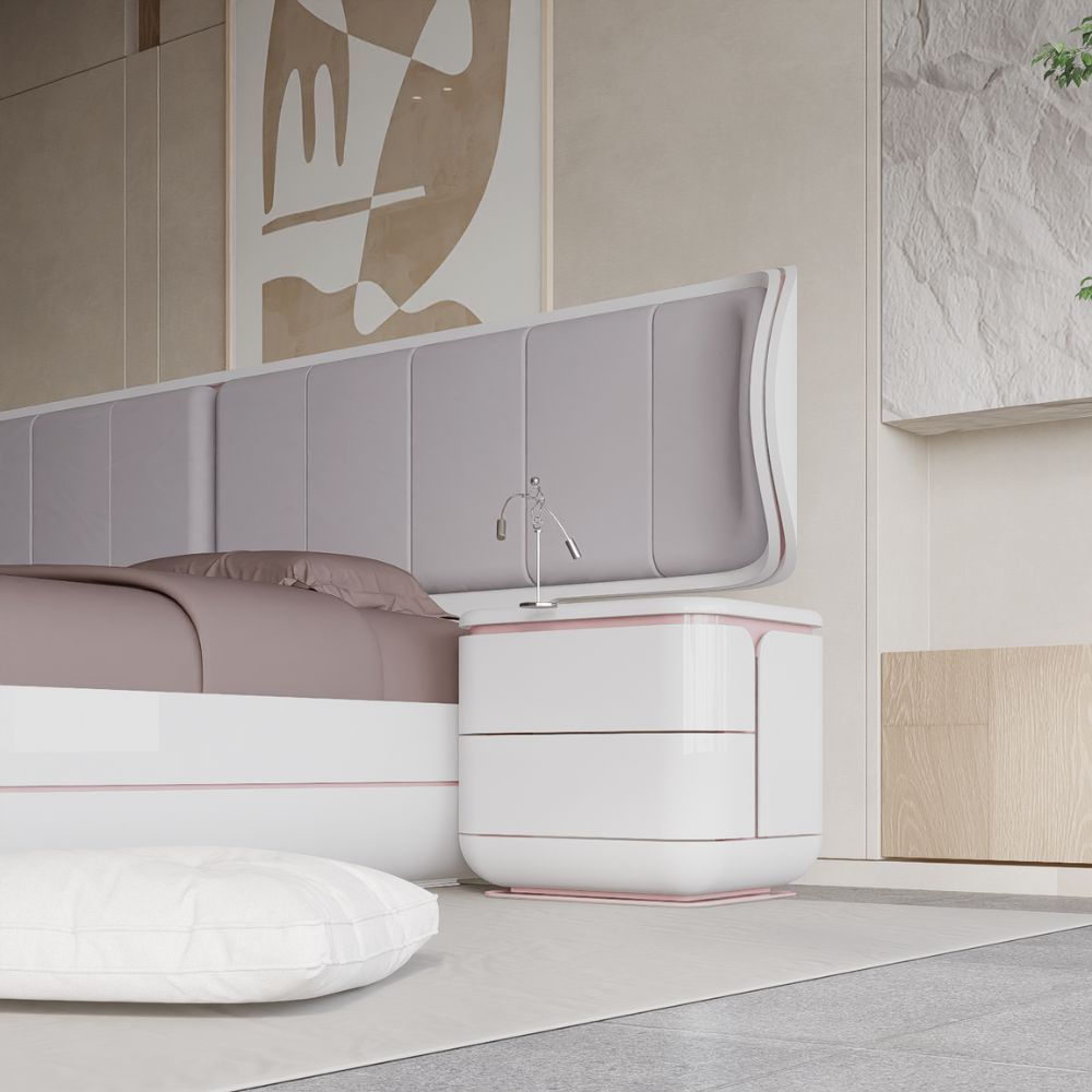 Two AS IS tulip-shaped bedside tables from LODA Furniture, display item with a modern design and sleek finish.