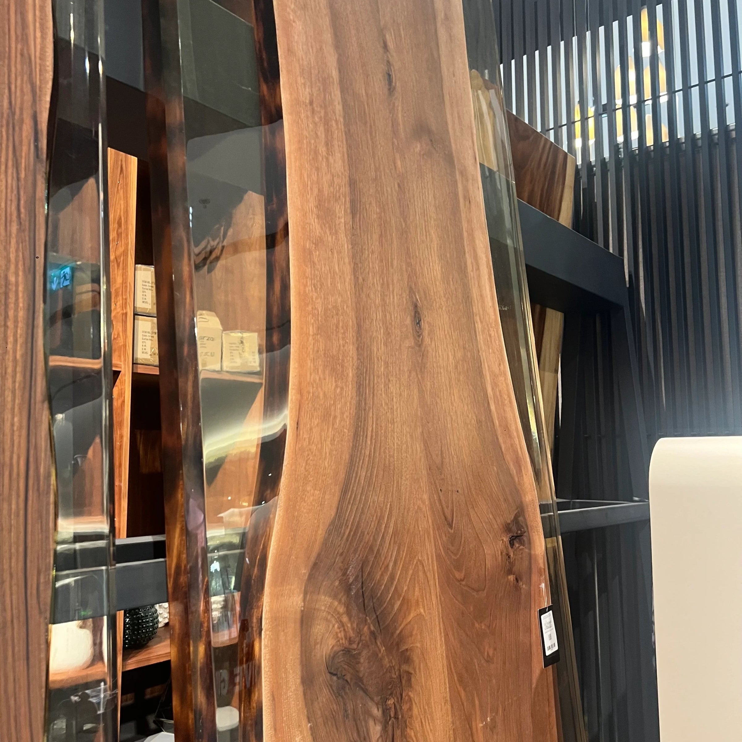 Live edge resin dining table top by SANCREA, 350x100 cm, showing natural wood and resin finish, display item for elegant dining room decor.