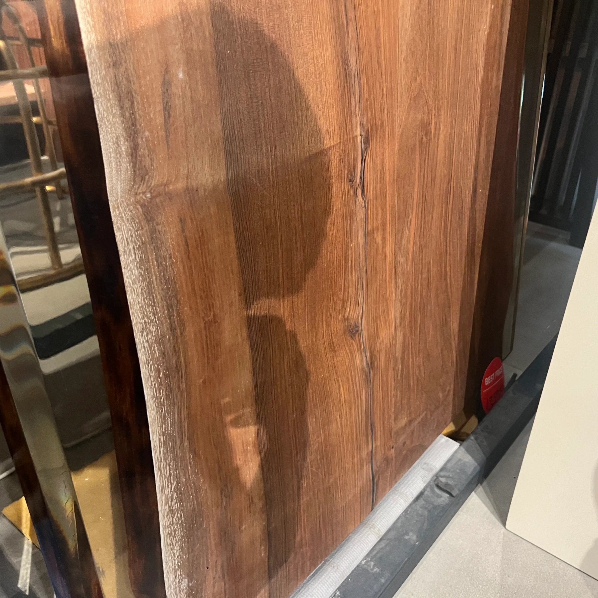 Live edge resin dining table top by SANCREA, 350x100 cm, showcasing natural wood edge and glossy resin finish.